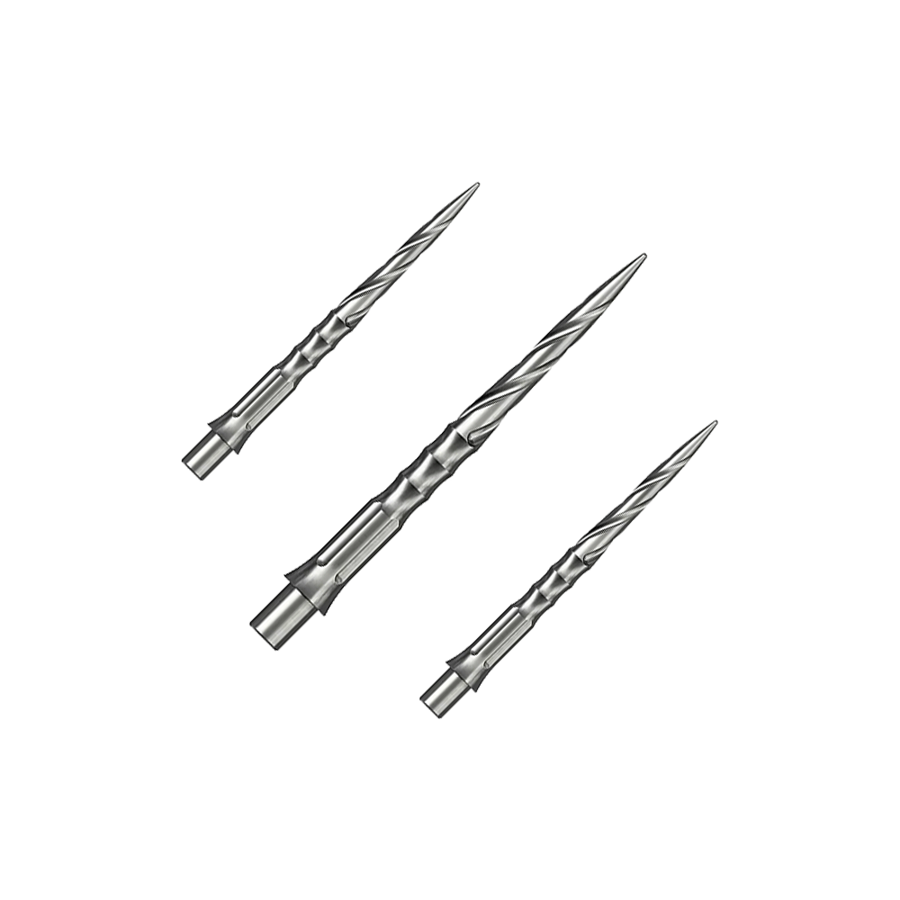 Stalowe groty do lotek Caliburn System - Spiro - NoLip - srebrne Das Bild zeigt ein Set von Caliburn Evo System Steeldartspitzen in Silber, 28 mm lang und mit Spiro-Design. Mehrere Spitzen sind geordnet dargestellt.