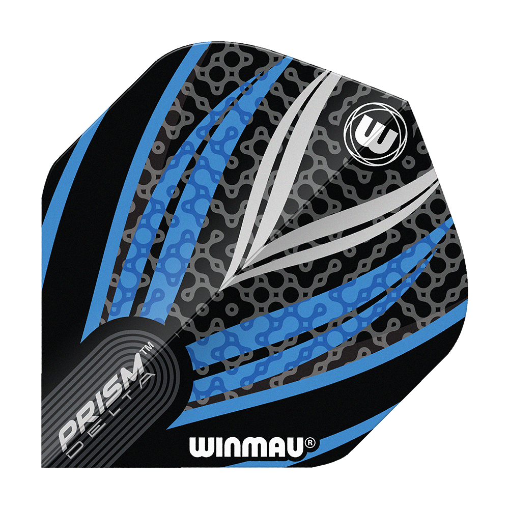 Winmau Prism Delta Czarno-Biało-Niebieski Nr 2 Standardowe Loty Das Bild zeigt ein Winmau Prism Delta Flight in den Farben Schwarz, Weiß und Blau. Das Design ist modern mit auffälligen Linien und Mustern.