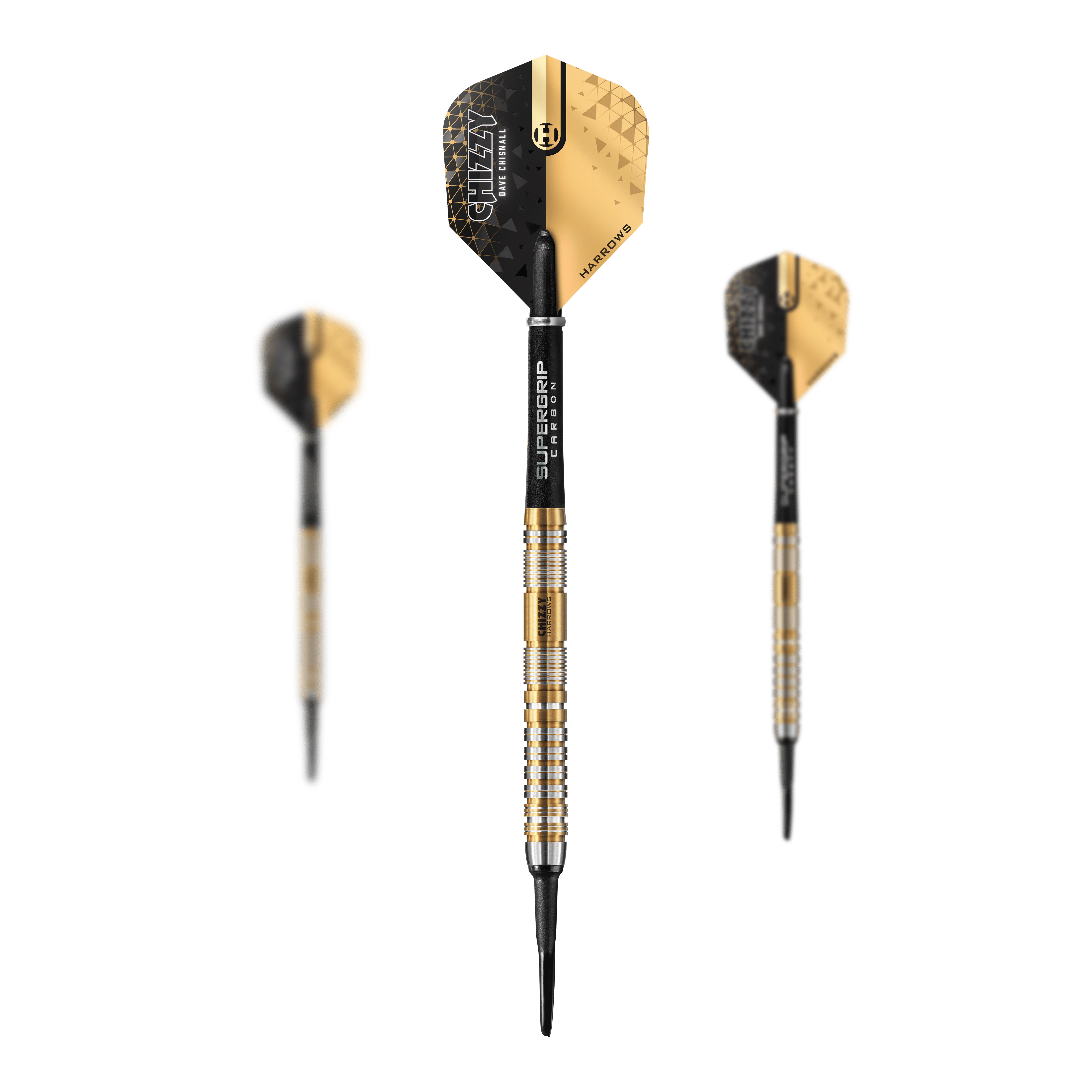 Miękkie rzutki Harrow's Dave Chisnall Chizzy Series 2 Das Bild zeigt drei Softdarts der Marke "Harrows Dave Chisnall Chizzy Series 2" mit gold-schwarzem Design. Die Darts haben schwarze Flights und silber-goldene Griffe mit schwarzer Spitze.