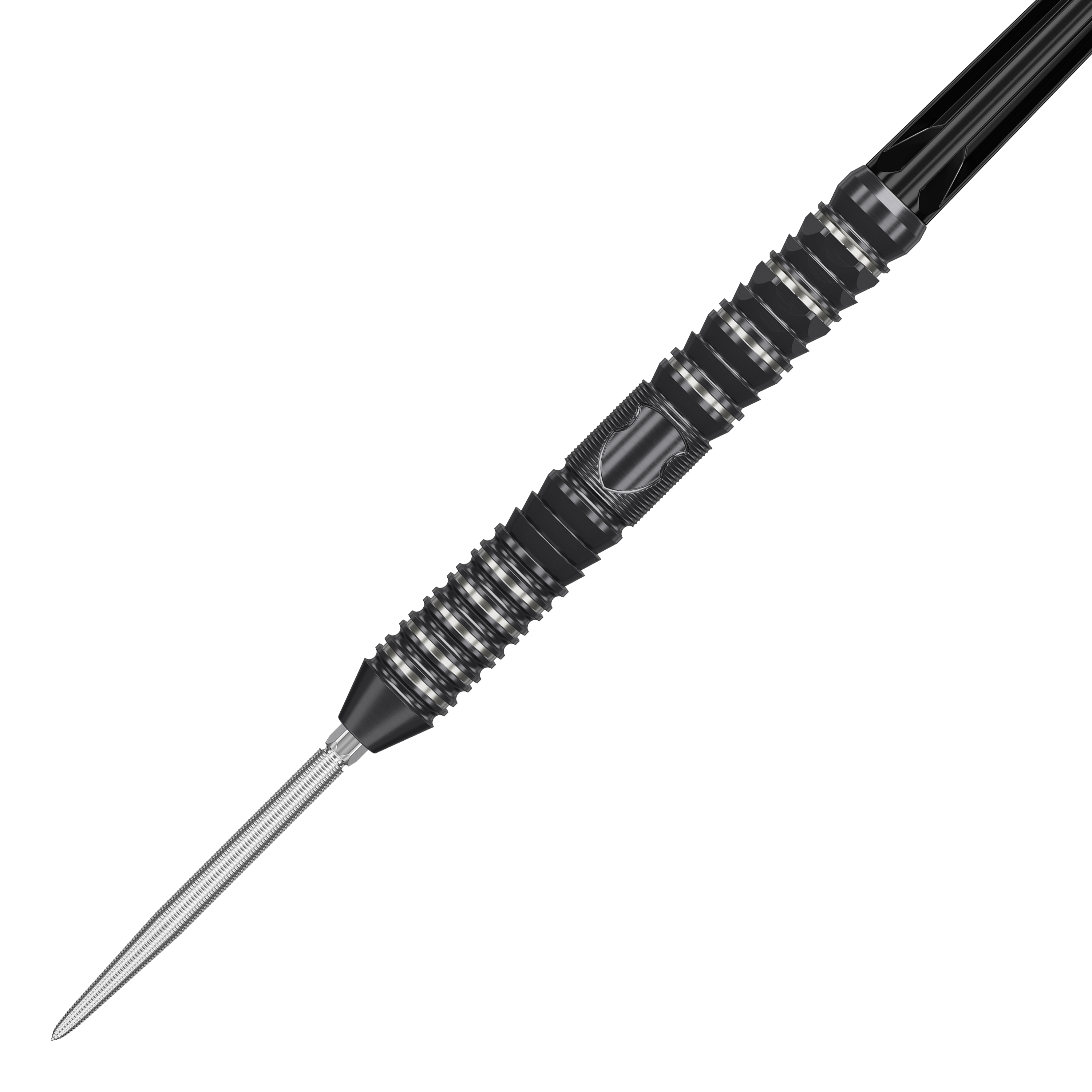 Das Bild zeigt einen Target Japan Black Marque Draco GEN2 Steeldart. Der Dartpfeil ist schwarz mit silbernen Rillen und hat ein modernes, strukturiertes Design.