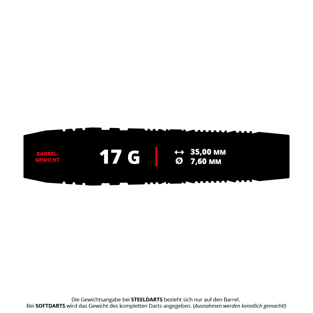 Target Japan Crux Trust Soft Darts - 17g Das Bild zeigt das Produkt "Target Japan Crux Trust Softdarts - 17g". Es werden die Maße des Barrels angegeben: 35,00 mm Länge, 7,60 mm Durchmesser und ein Gewicht von 17 Gramm.