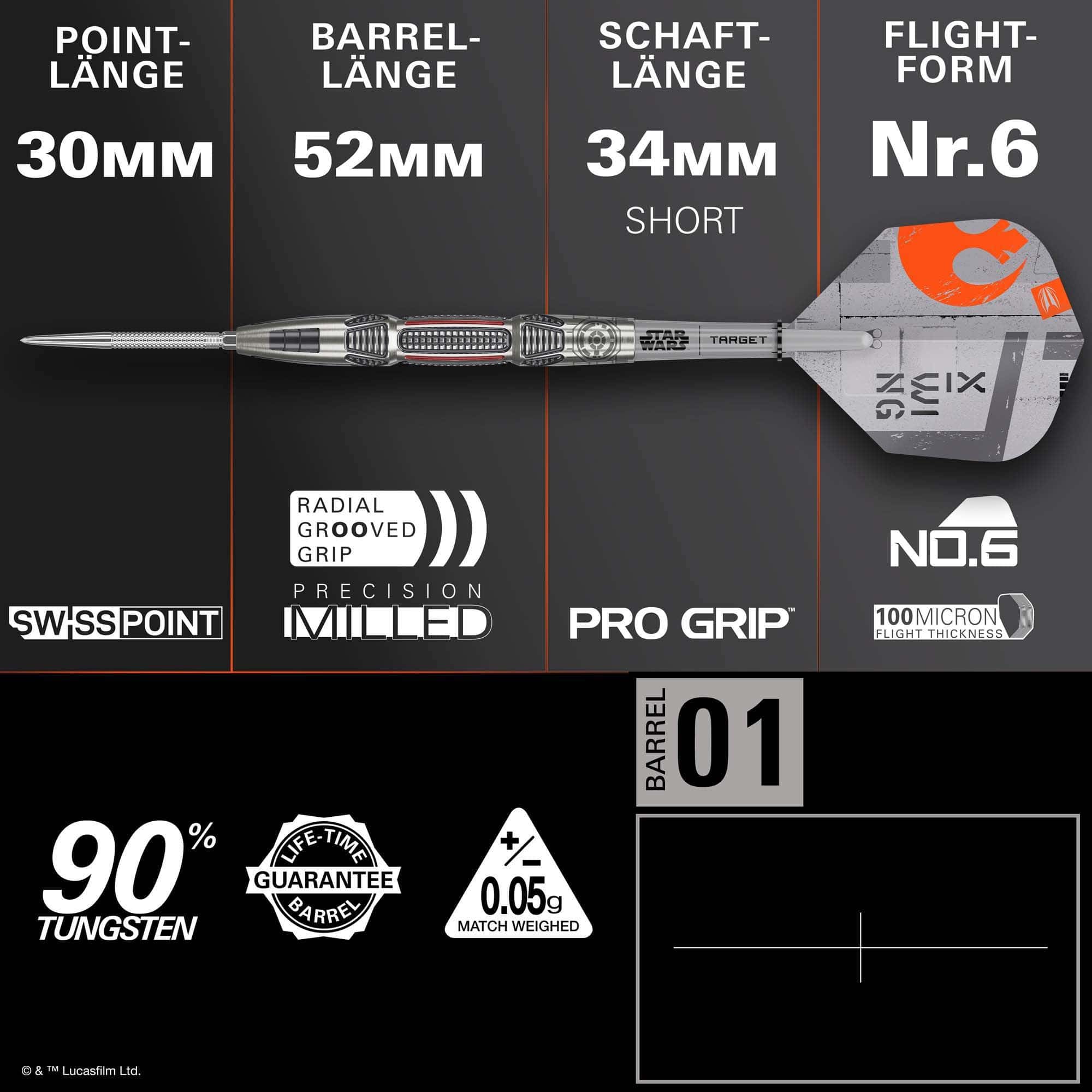 Stalowe lotki Swiss Point firmy Target Star Wars X-Wing Auf diesem Foto sieht man die Target Star Wars X-Wing Swiss Point Steeldarts. Die Steeldarts sind im Stil des X-Wing aus Star Wars gestaltet.