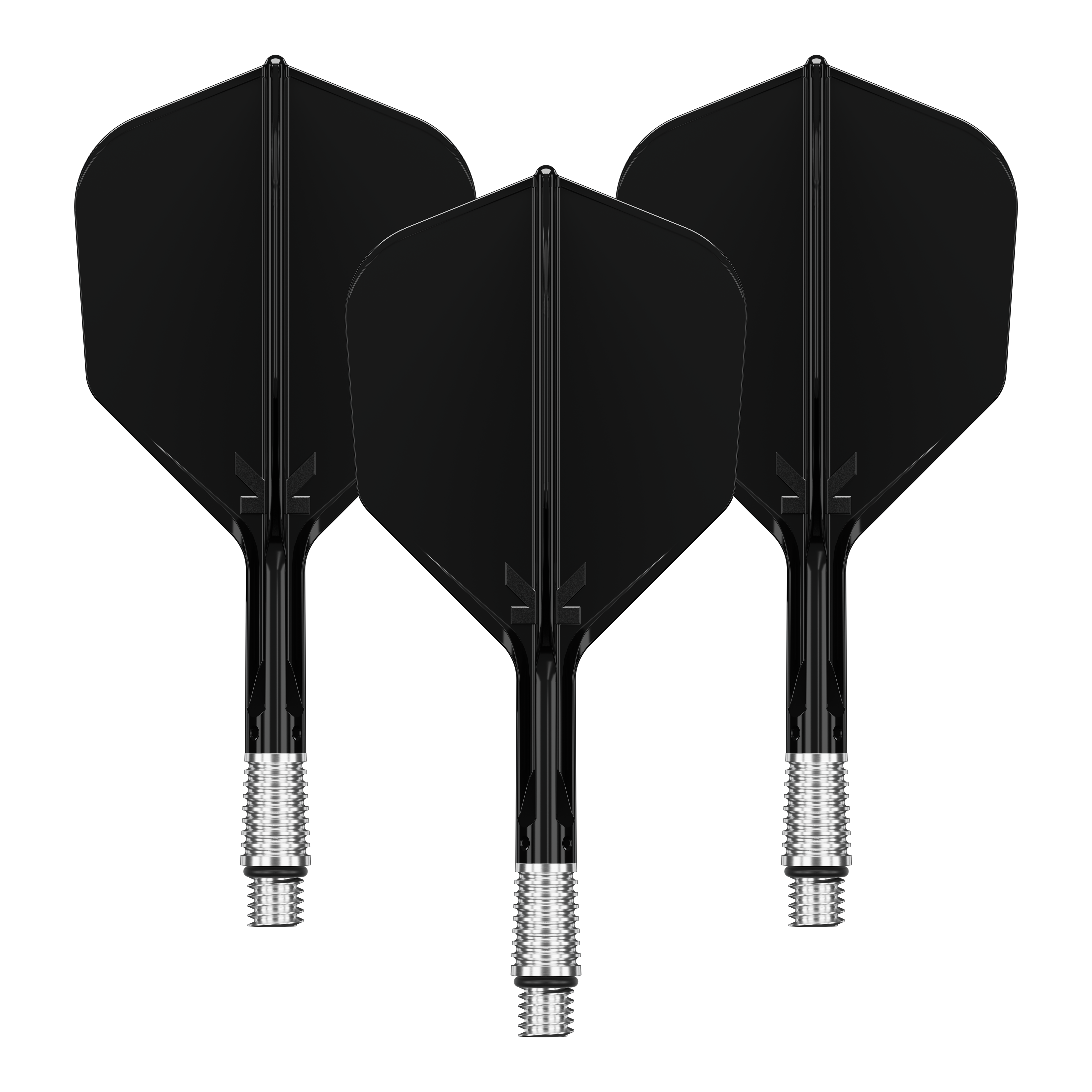 Hier wird ein Set von schwarzen KShift No6 Flights für Darts mit 26mm Länge gezeigt. Die Flights sind ein Produkt von Target.