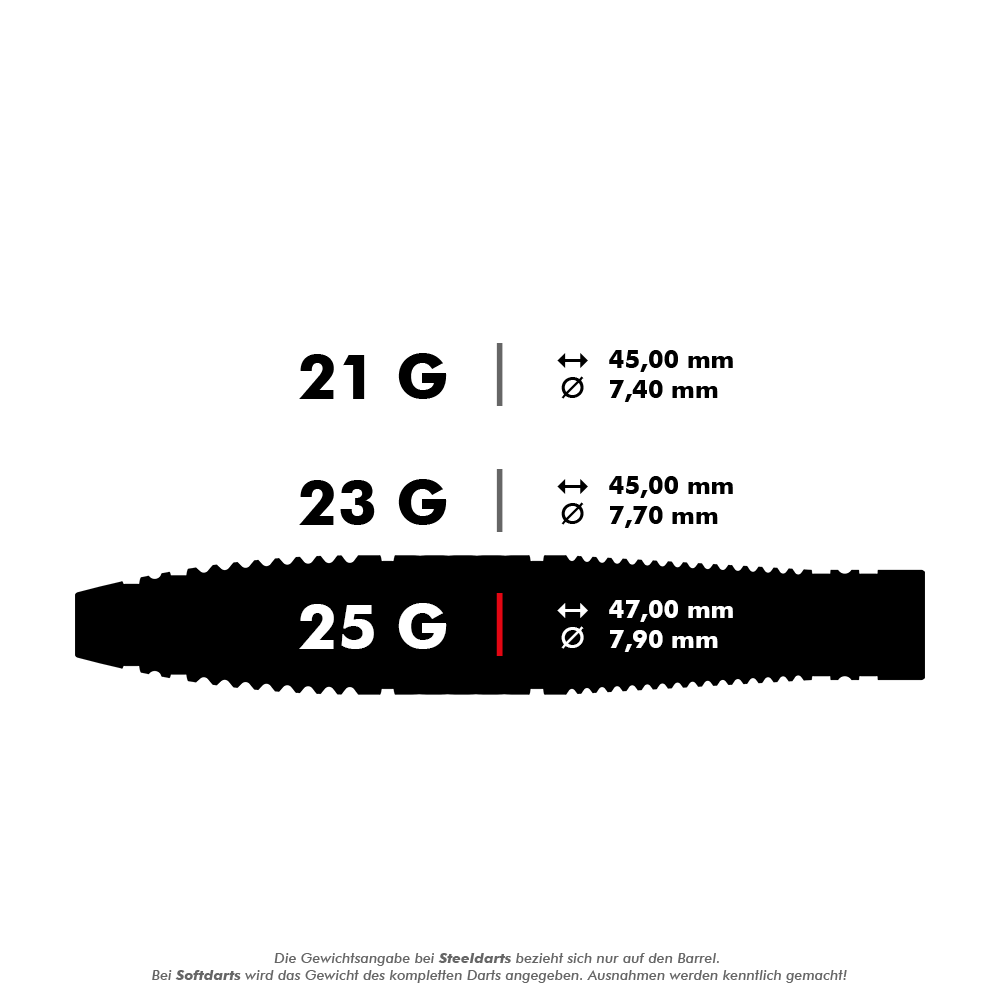 Stalowe lotki Target Scope 03 Swiss Point Das Bild zeigt drei verschiedene Steeldarts mit den Gewichten 21 g, 23 g und 25 g. Die Maße Länge und Durchmesser sind für jedes Gewicht angegeben.