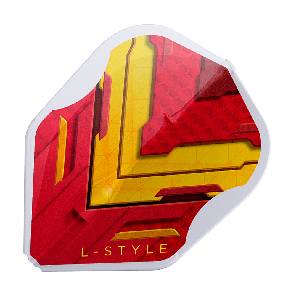 L-Style V-Series V1 Typ A Hiszpania Przezroczysta Biel L3EZ Loty Dies ist ein L-Style V-Series V1 Type A Spain Clear White L3EZ Flight. Das Design ist rot und gelb mit einem weißen Rand und der Aufschrift "L-STYLE".