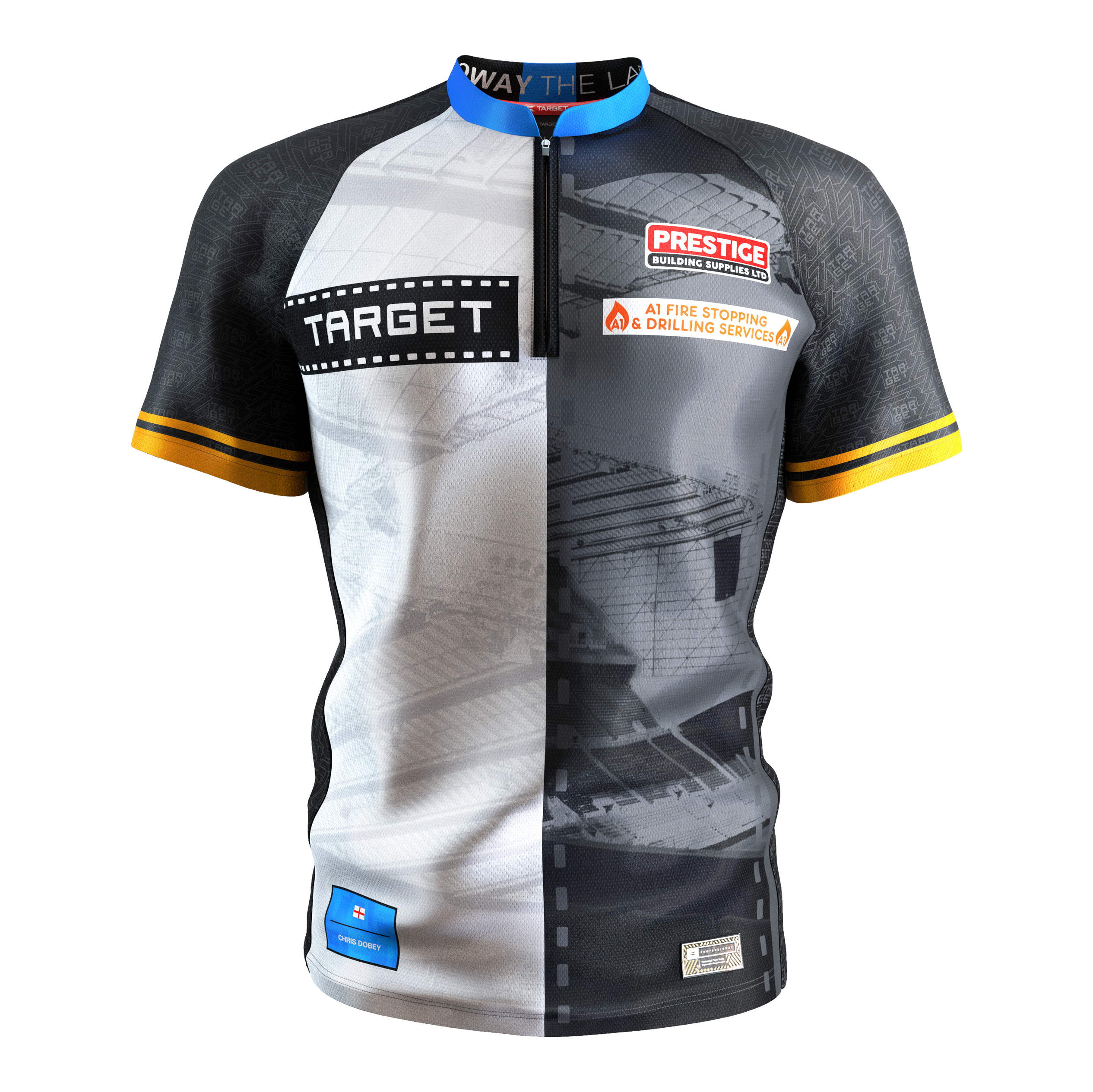 Koszulka do darta Target Coolplay Chris Dobey 2025 Das Bild zeigt das "Target Coolplay Chris Dobey 2025 Dartshirt" mit auffälligen Sponsorenlogos auf der Vorderseite. Das Trikot hat ein modernes Design in Schwarz, Weiß und Grau mit gelben Streifen an den Ärmeln.