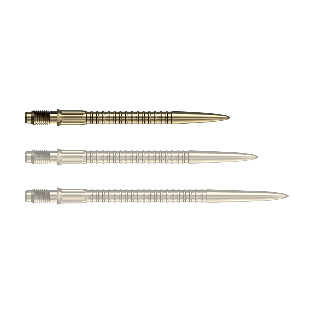Mission R2.5 Rapid Point GV1 – groty do lotek – złote Goldene Dartspitzen liegen nebeneinander auf einer weißen Fläche. Diese Spitzen eignen sich für das Dartspiel.