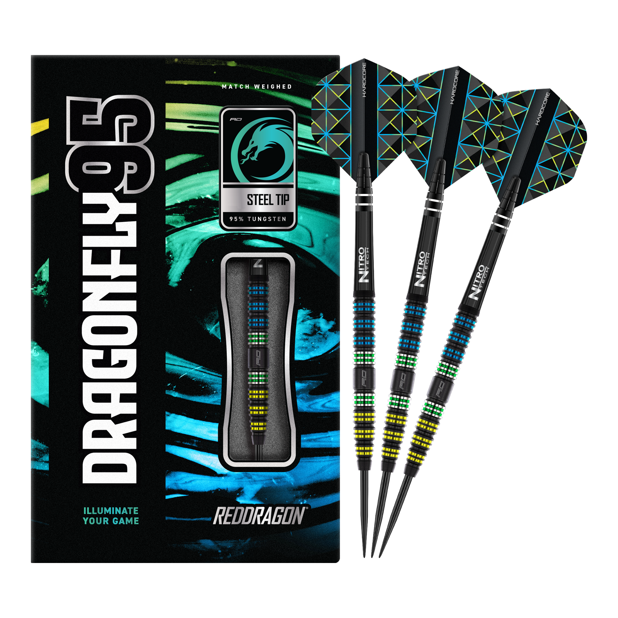 Czerwone lotki Dragonfly 95 ze stali stożkowej w kolorze czarnym Die Abbildung zeigt das Produkt "Red Dragon Dragonfly 95 Black Tapered Steeldarts" mit moderner, bunter Verpackung. Drei schwarze Steeldarts mit farbigen Akzenten und speziellen Flights sind daneben zu sehen.