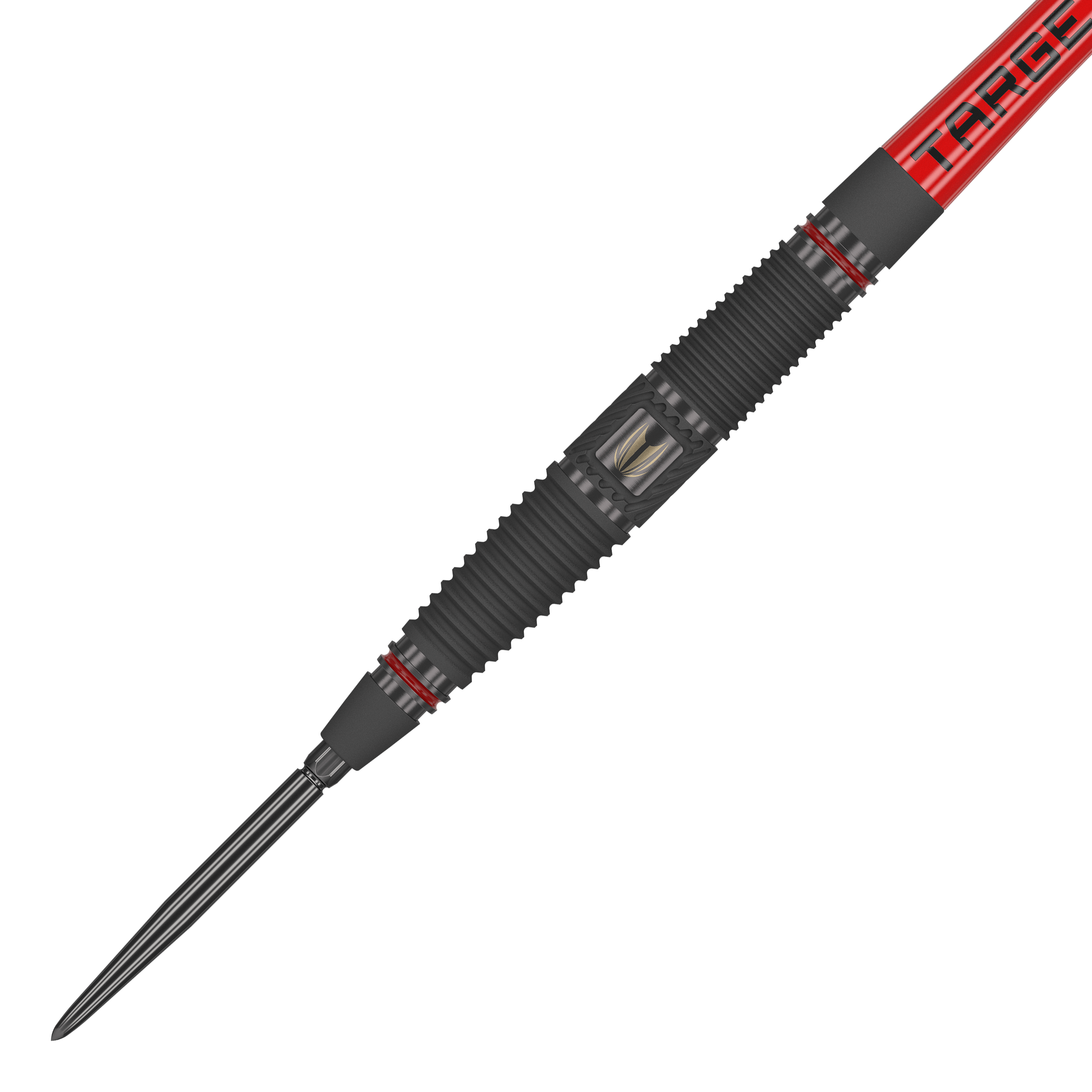 Stalowe lotki Target Scope 04 Swiss Point Das Bild zeigt einen Target Scope 04 Swiss Point Steeldart. Der Dart hat ein schwarzes, geriffeltes Griffstück mit roten Akzenten und einer silbernen Spitze.