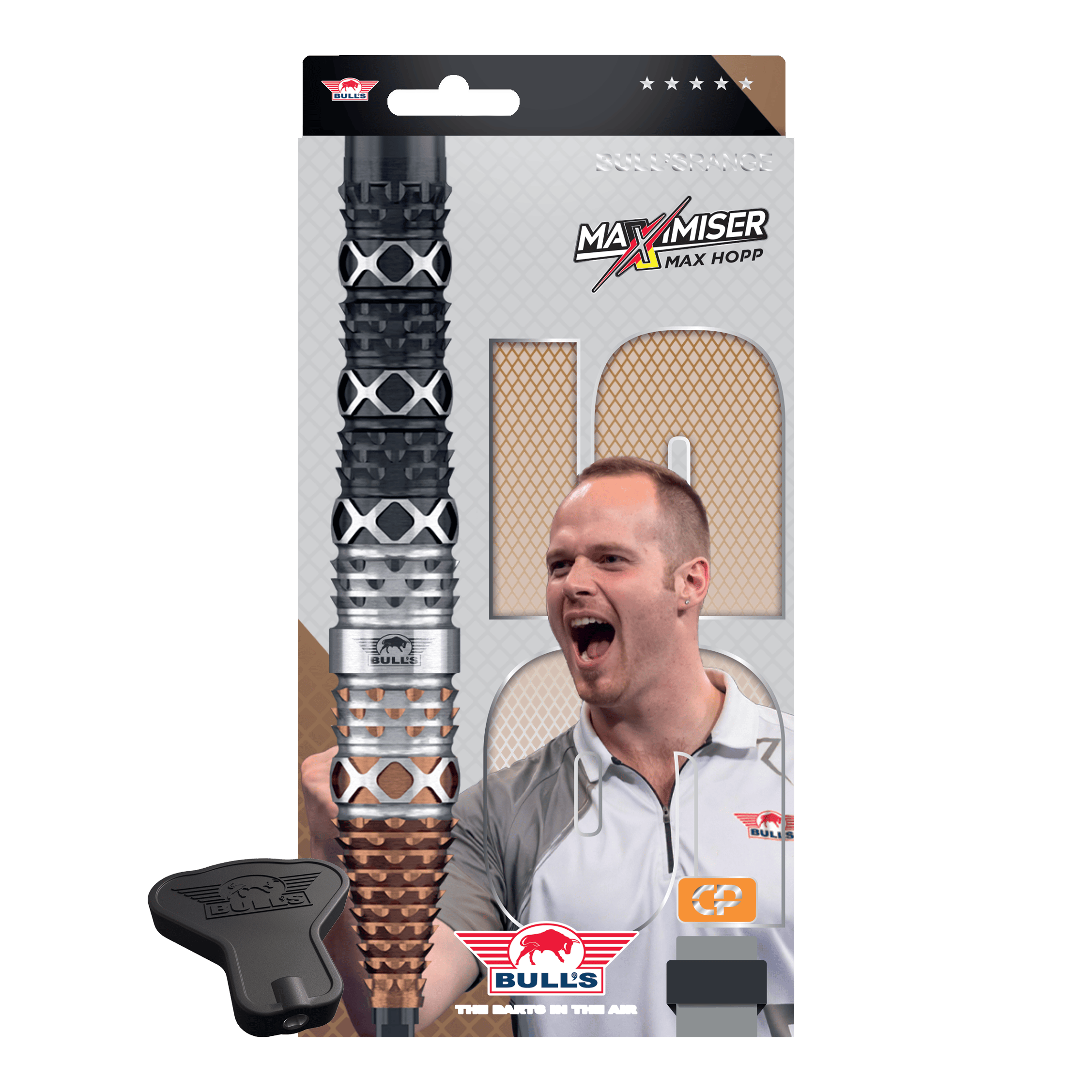 Bulls NL Max Hopp 95% punktów konwertowalnych Steeldarts Abbildung der Bulls NL Max Hopp 95% Convertible Points Steeldarts. Die Darts sind detailreich gezeigt und richten sich an Dart-Enthusiasten.