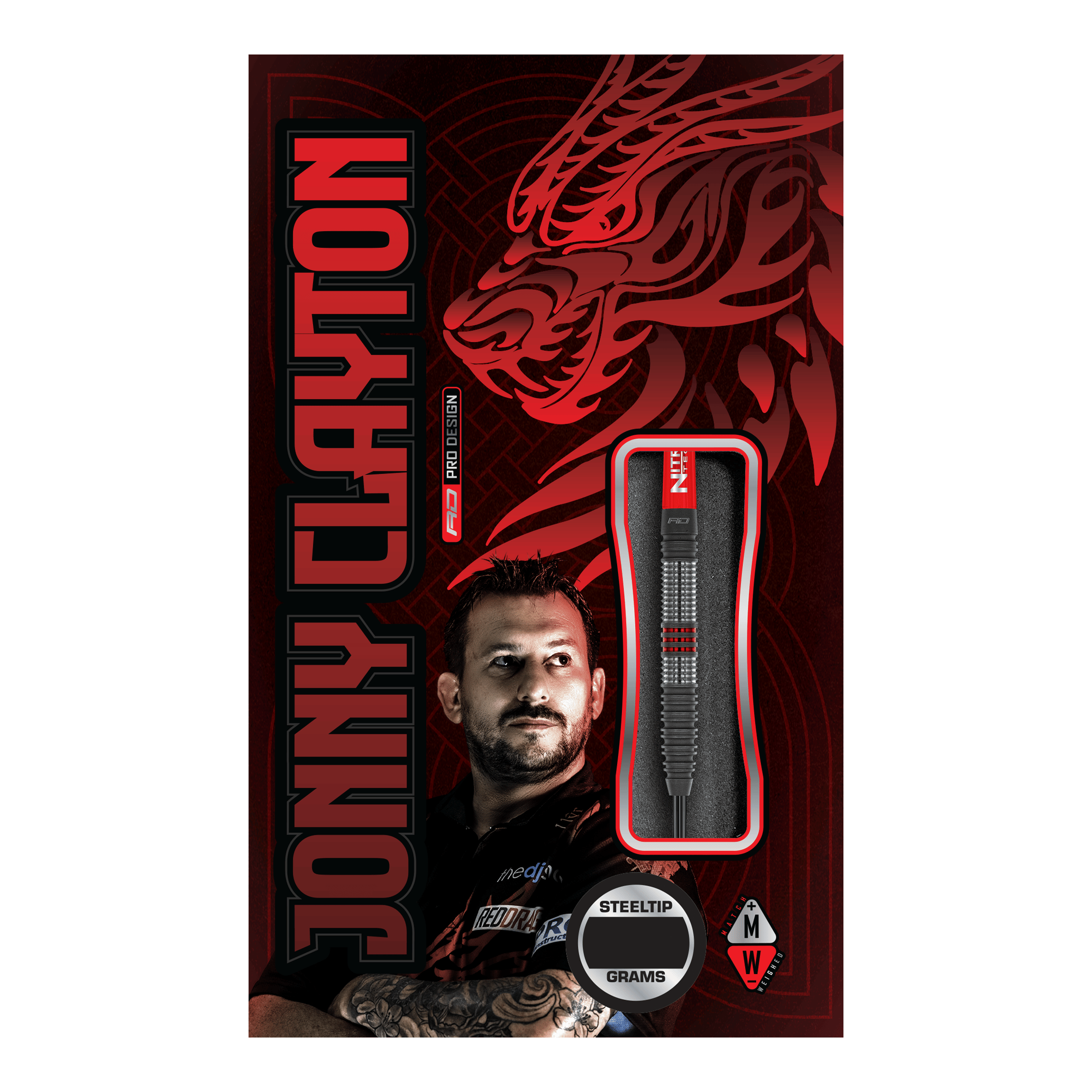 Stalowe strzałki Red Dragon Jonny Clayton Hiraeth Die Abbildung zeigt die Verpackung der "Red Dragon Jonny Clayton Hiraeth Steeldarts". Auf der Verpackung sind ein Porträt von Jonny Clayton sowie ein stilisierter roter Drache abgebildet.
