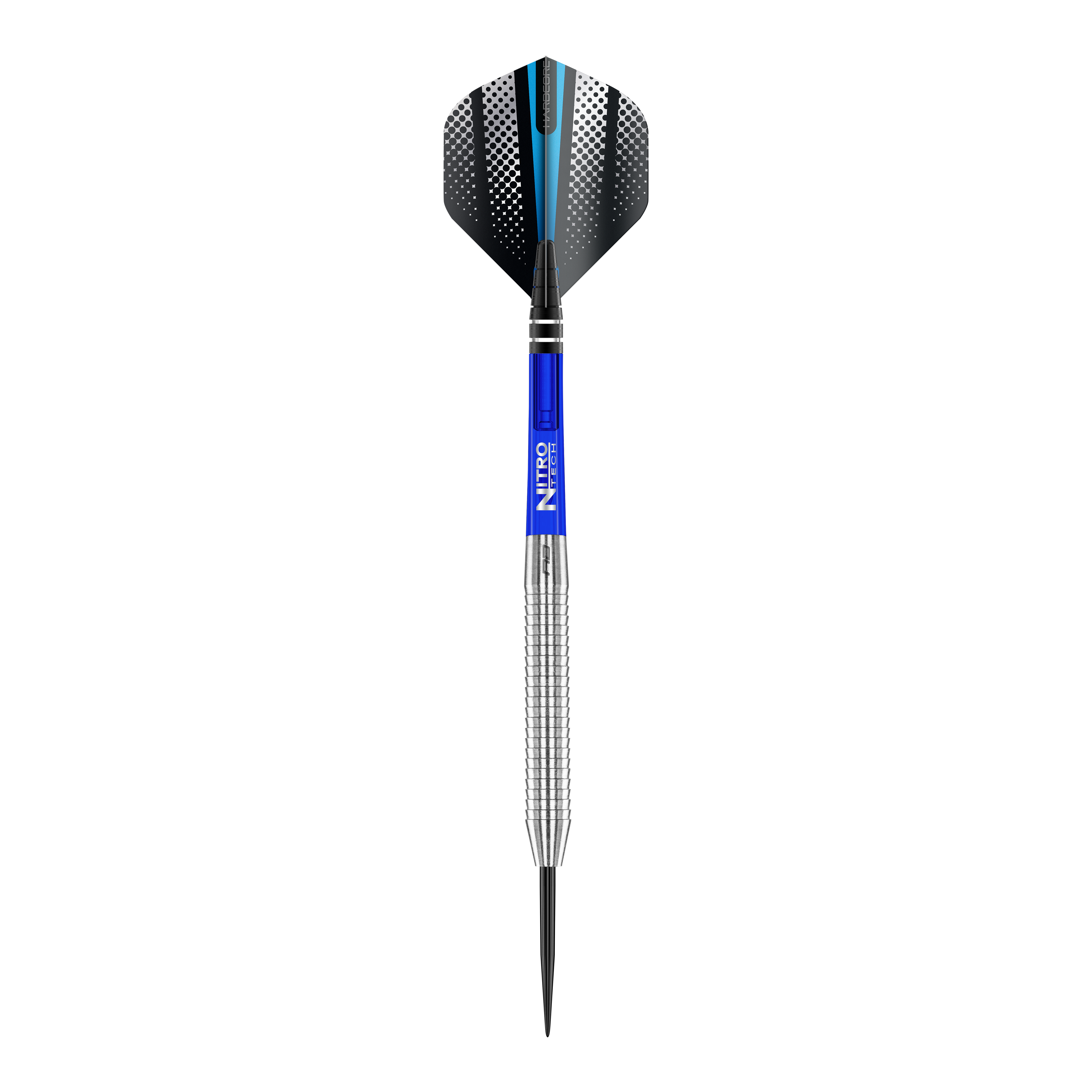 Oryginalne stalowe lotki Red Dragon Razor Edge Das Bild zeigt einen Red Dragon Razor Edge Original Steeldart mit einem Gewicht von 24g. Der Dart hat einen silbernen, geriffelten Schaft, einen blauen Mittelteil und schwarze Flights mit weißen Punkten und einem blauen Streifen.