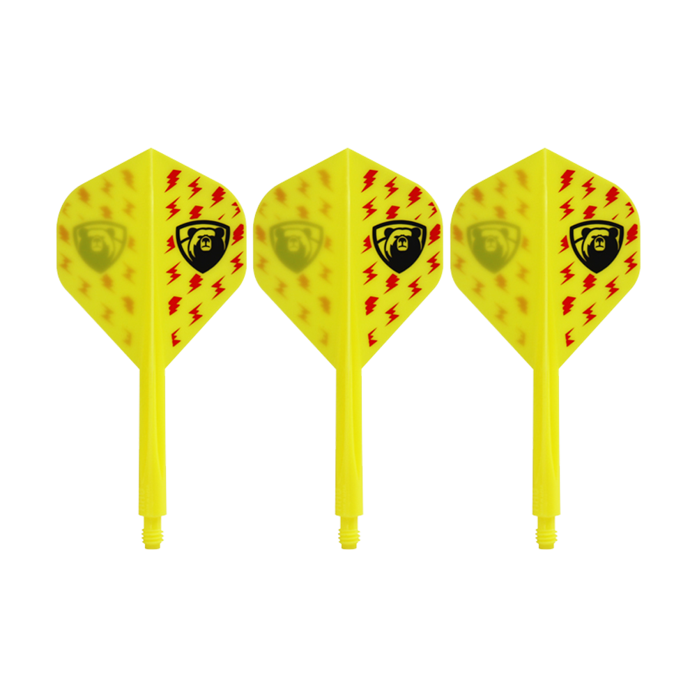 Condor AXE Thunderbolt Yellow Flight-System - Standard Auf dem Bild sind drei gelbe Dart-Flights mit roten Blitzsymbolen und einem schwarzen Bären-Logo zu sehen. Es handelt sich um das Produkt "Condor AXE Thunderbolt Yellow Flight-System - Standard".