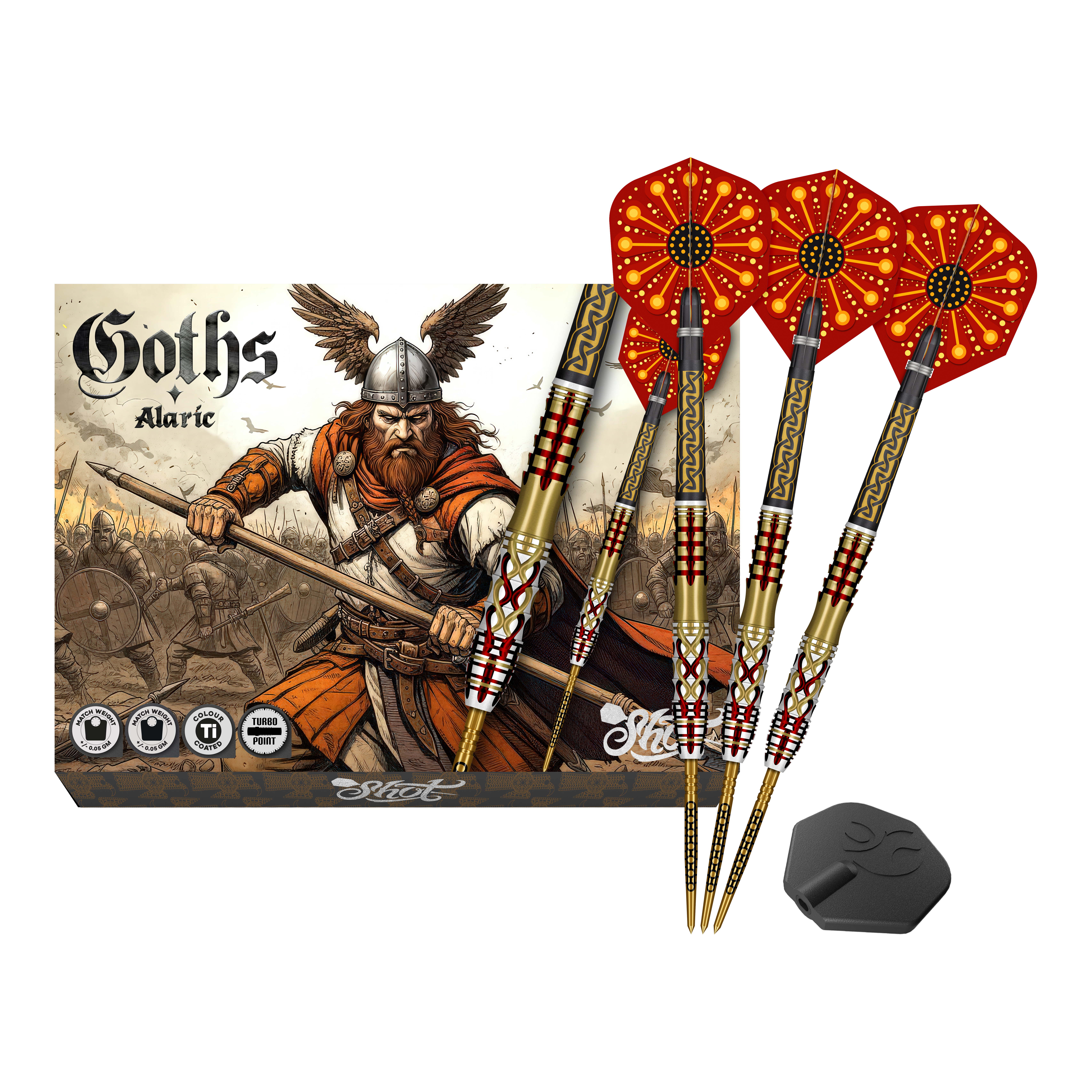 Lotki stalowe Shot Goths Alaric Turbo Point - 23 g Abgebildet sind die Shot Goths Alaric Turbo Point Steeldarts - 23g. Die Darts eignen sich besonders für Steeldartspieler.