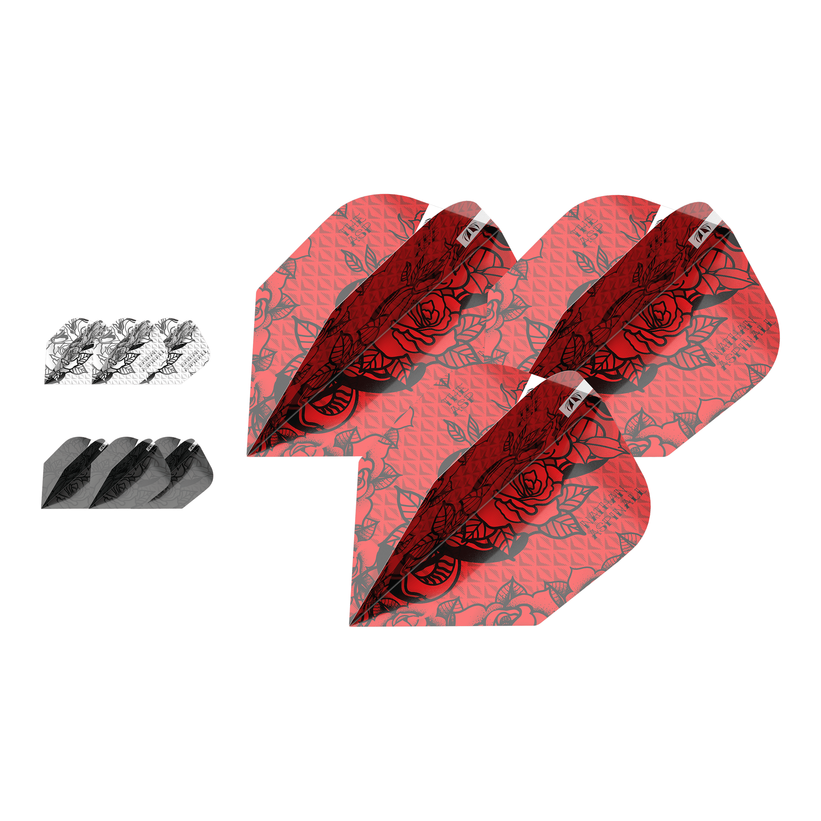 Zestaw Target Ink 3 zestawy Nathan Aspinall No6 Flights Das Bild zeigt drei Sets von Dart-Flights des Produkts "Target Ink Bundle 3 Sets Nathan Aspinall No6 Flights". Die Flights sind in Rot, Schwarz und Weiß mit auffälligem Muster gestaltet.