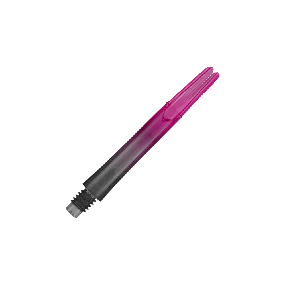 Das Bild zeigt einen zweiteiligen Dart-Schaft in den Farben Schwarz und Pink. Der Schaft hat ein Schraubgewinde auf einer Seite und ist gerade geformt.