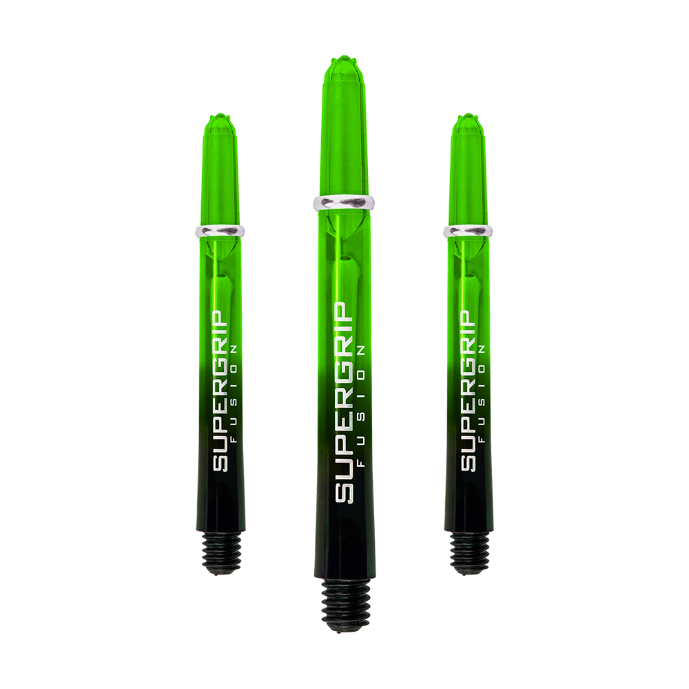 Das Bild zeigt drei grüne Harrows Supergrip Fusion Shafts für Dartpfeile. Die Shafts sind durchsichtig und haben einen schwarzen unteren Teil mit weißer Aufschrift.