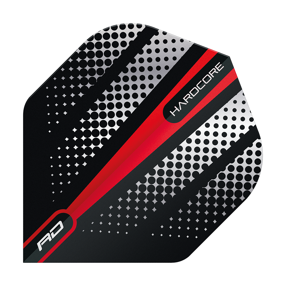 TF6512_Red_Dragon_Hardcore_Radical_Red_Flash_Standard_Flights_1ohF4E7aubaedc Das Bild zeigt ein Dart Flight mit einem modernen Design in Schwarz, Rot und Silber. Auf dem Flight stehen die Wörter "HARDCORE" und "RD".