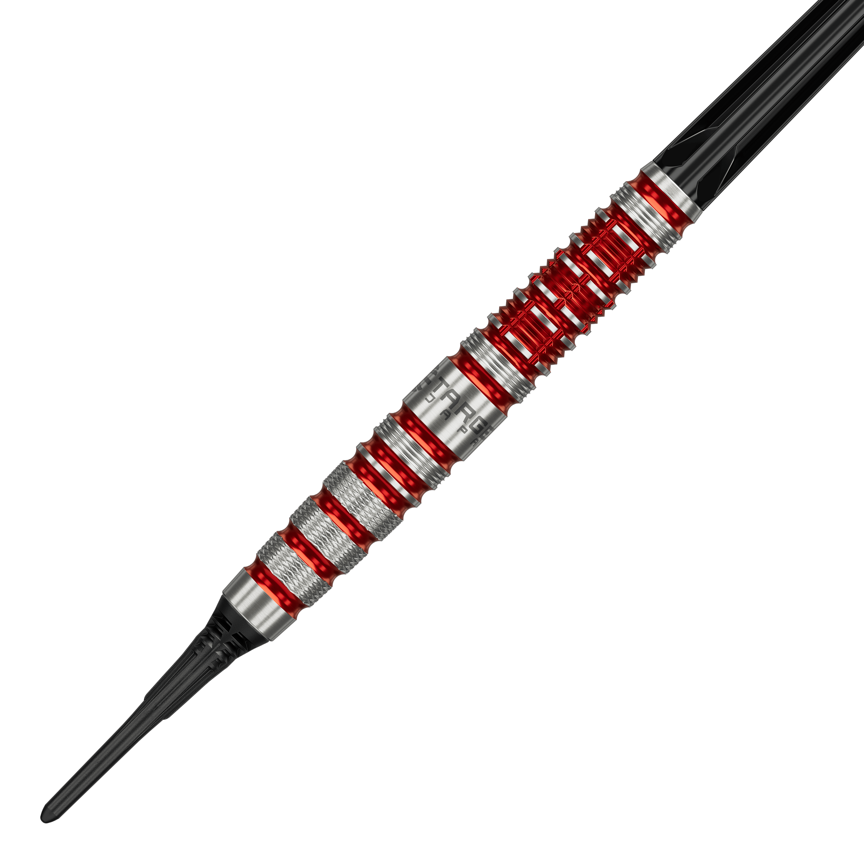 Miękkie lotki Target Black Marque Spinel - 21,5 g Target Black Marque Spinel Softdarts - 21,5g ist ein hochwertiger Softdart. Das Bild zeigt das schwarze Dartpfeil-Design mit markanten Elementen.