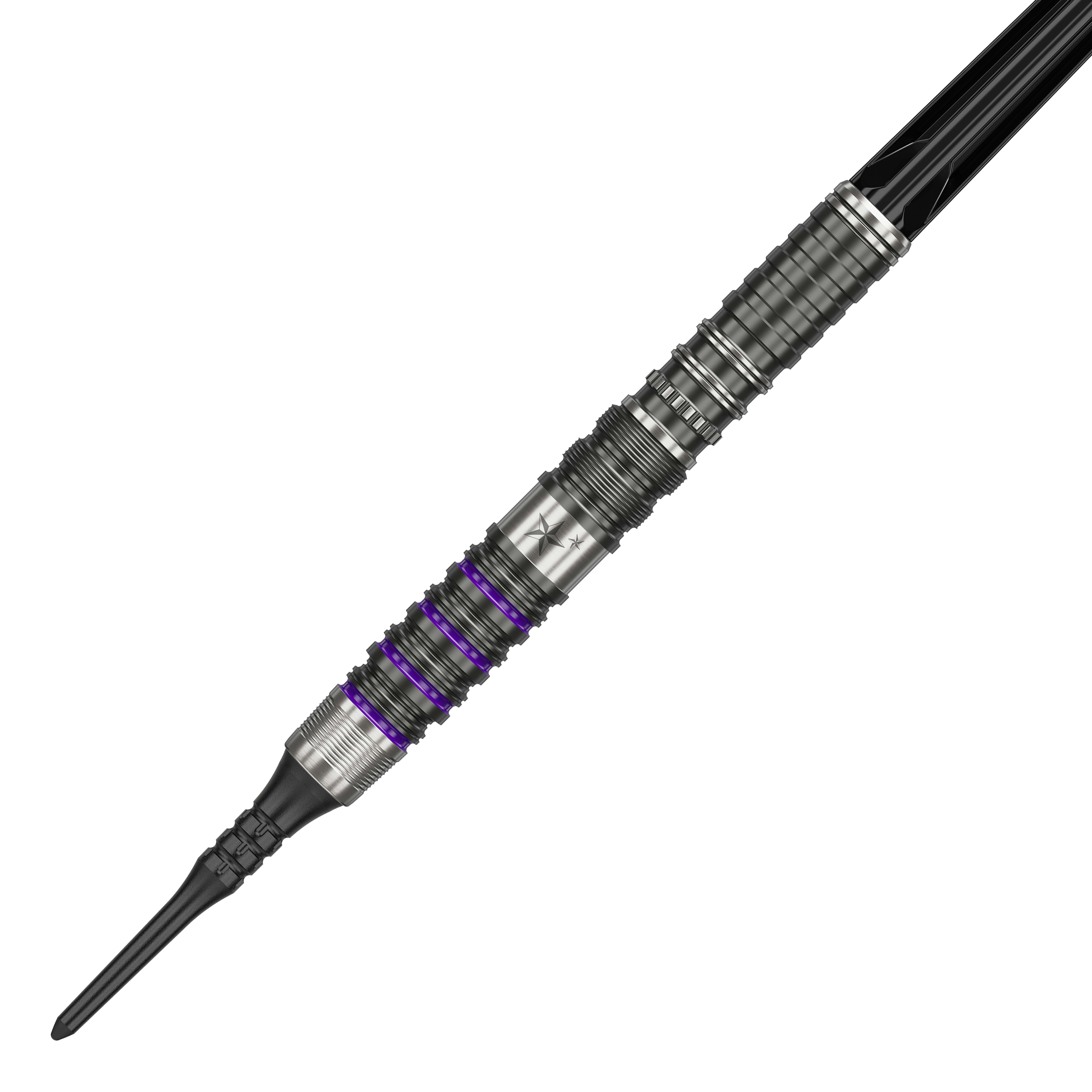 Target Japan Prime Series Yuta Hayashi Sirius GEN3 MAX Soft Darts - 21,5 g Dies ist ein Softdart aus der Target Japan Prime Series, Modell Yuta Hayashi Sirius GEN3 MAX mit 21,5g. Er besitzt ein silbernes Design mit feinen Rillen und lilafarbenen Akzenten.