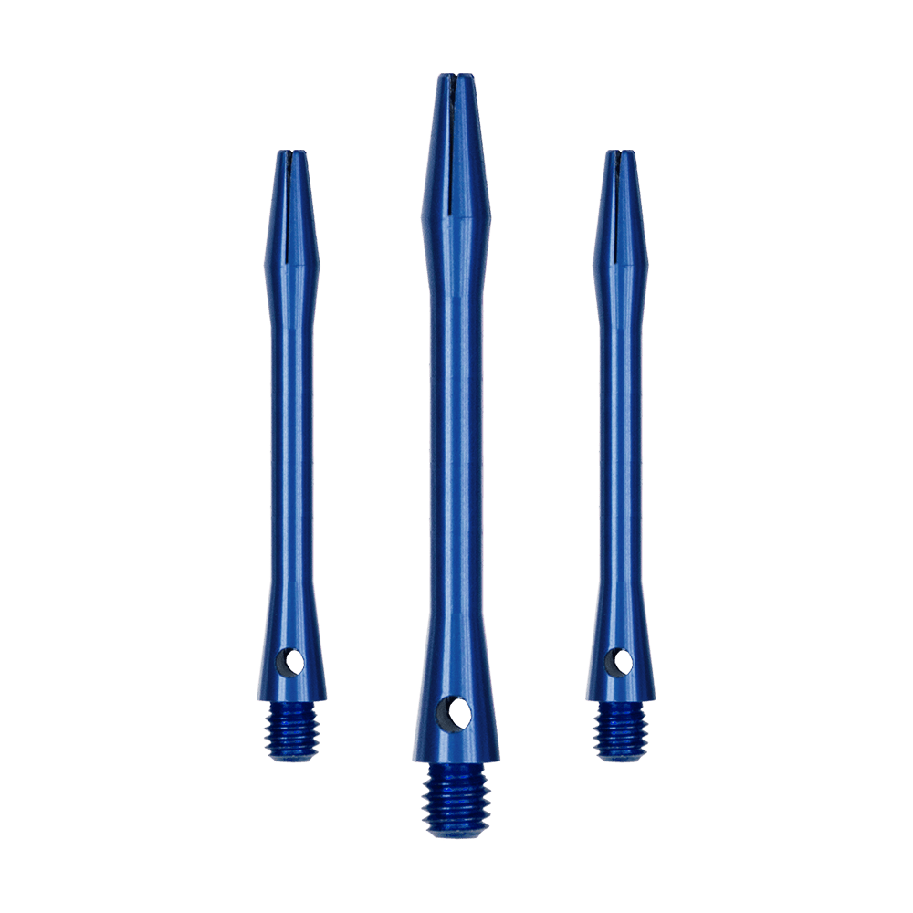 514_Aluminium_Shafts_Blau_46mm_1oNWbqDxRny7Kj Auf dem Bild sind drei blaue Aluminiumschäfte zu sehen. Sie haben jeweils ein Gewinde am unteren Ende und eine Bohrung in der Nähe des Gewindes.