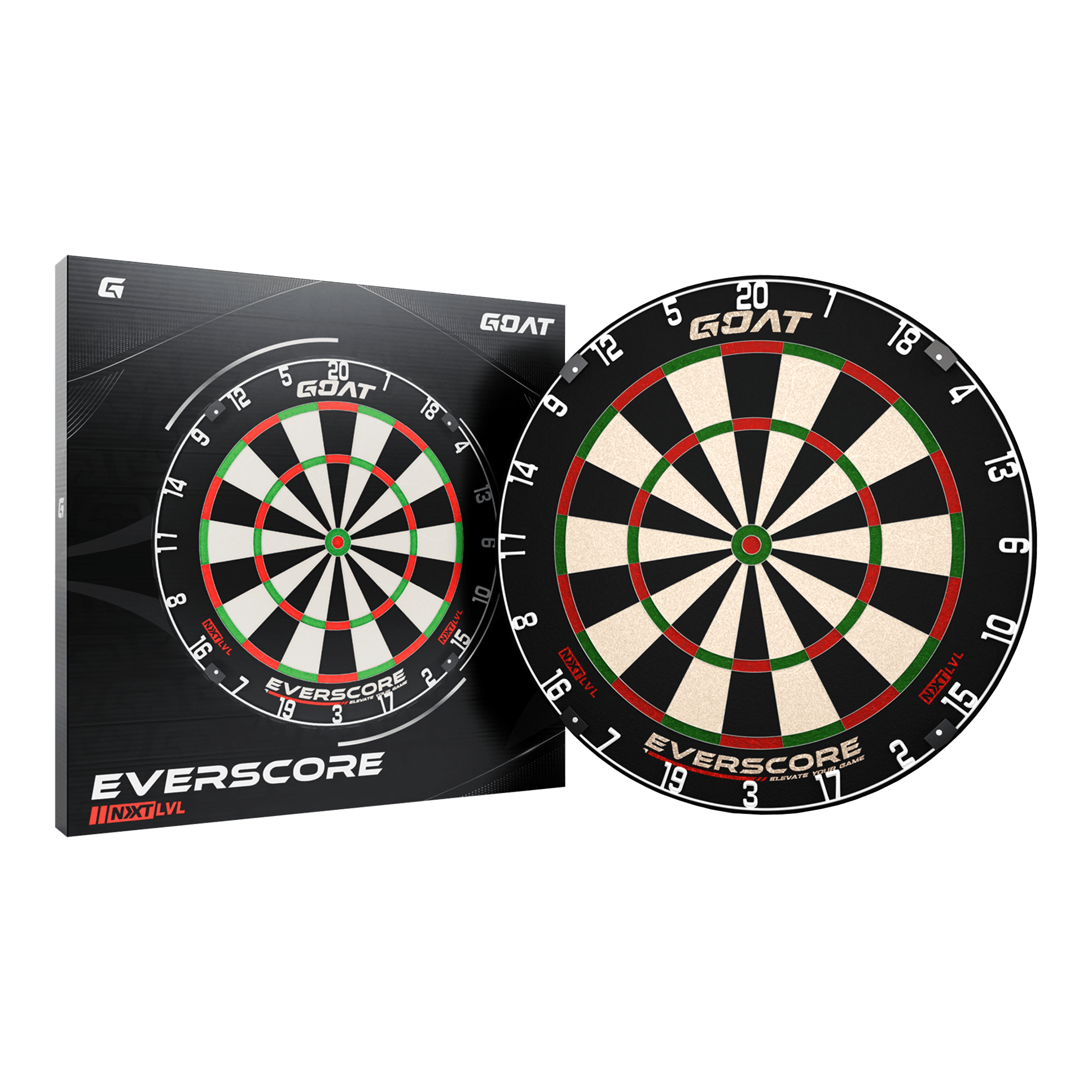 Tarcza do darta GOAT Everscore Steel Das Bild zeigt das Produkt "GOAT Everscore Steeldartboard" zusammen mit seiner Verpackung. Das Dartboard hat ein klassisches Design mit schwarzen, weißen, roten und grünen Feldern.