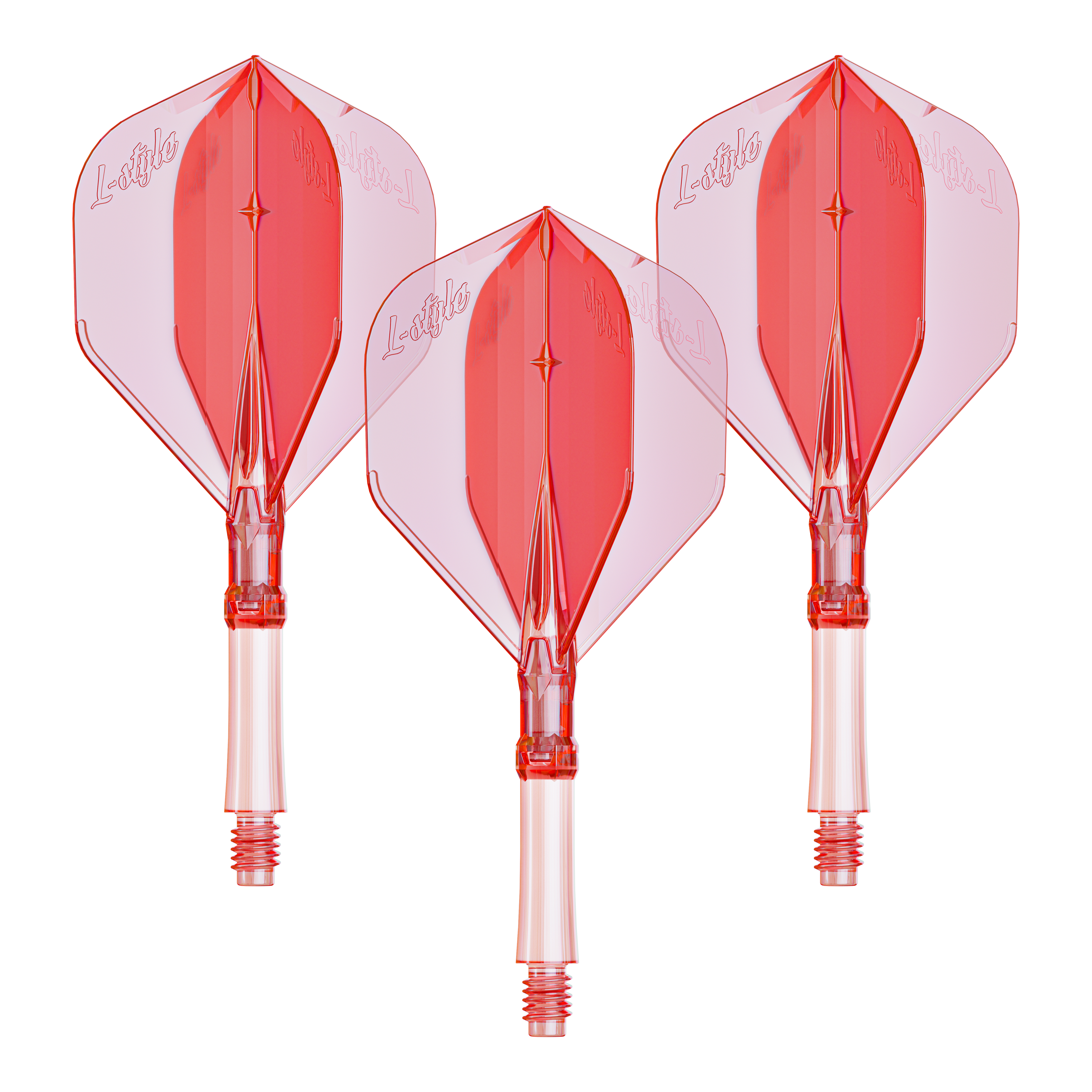Loty L-Style L-System - Clear Red Das Bild zeigt ein Set L-Style L-System Flights in klarrot, kleine Größe 190. Das Produkt wird als Dartzubehör verwendet.