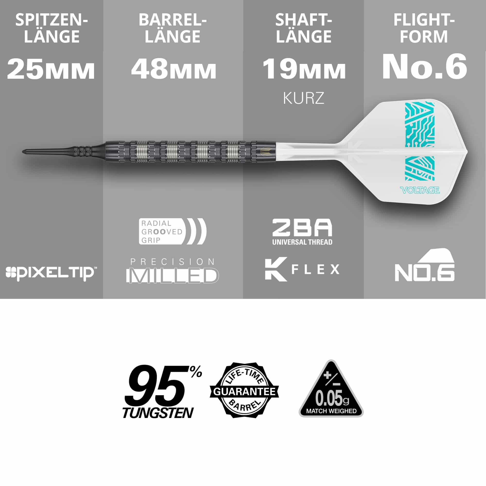 Lotki miękkie Target Rob Cross 95K Swiss Point – 18 g Das Bild zeigt den Target Rob Cross 95K Swiss Point Softdart mit 18 Gramm Gewicht. Es werden die Längen der Spitze, des Barrels, des Schafts und der Flight-Form sowie wichtige Merkmale wie 95% Tungsten und lebenslange Garantie hervorgehoben.