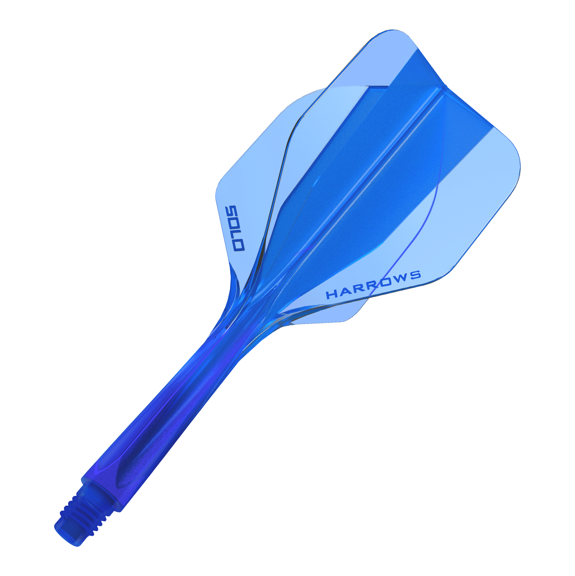 Das Bild zeigt das Harrows Solo No6 Flight-Shaft-System in Blau. Es ist ein Ersatzteil für Dartpfeile.