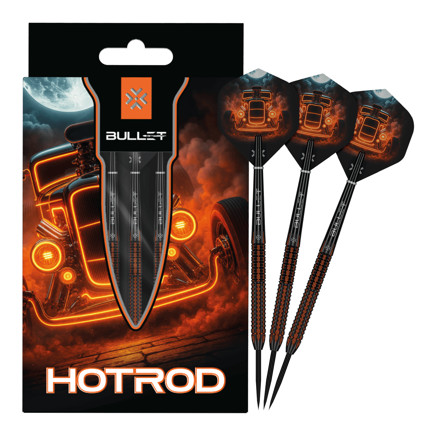 Stalowe rzutki Bullet Hotrod Bullet Hotrod Steeldarts sind zu sehen. Das Bild zeigt das vollständige Set der Steeldarts.