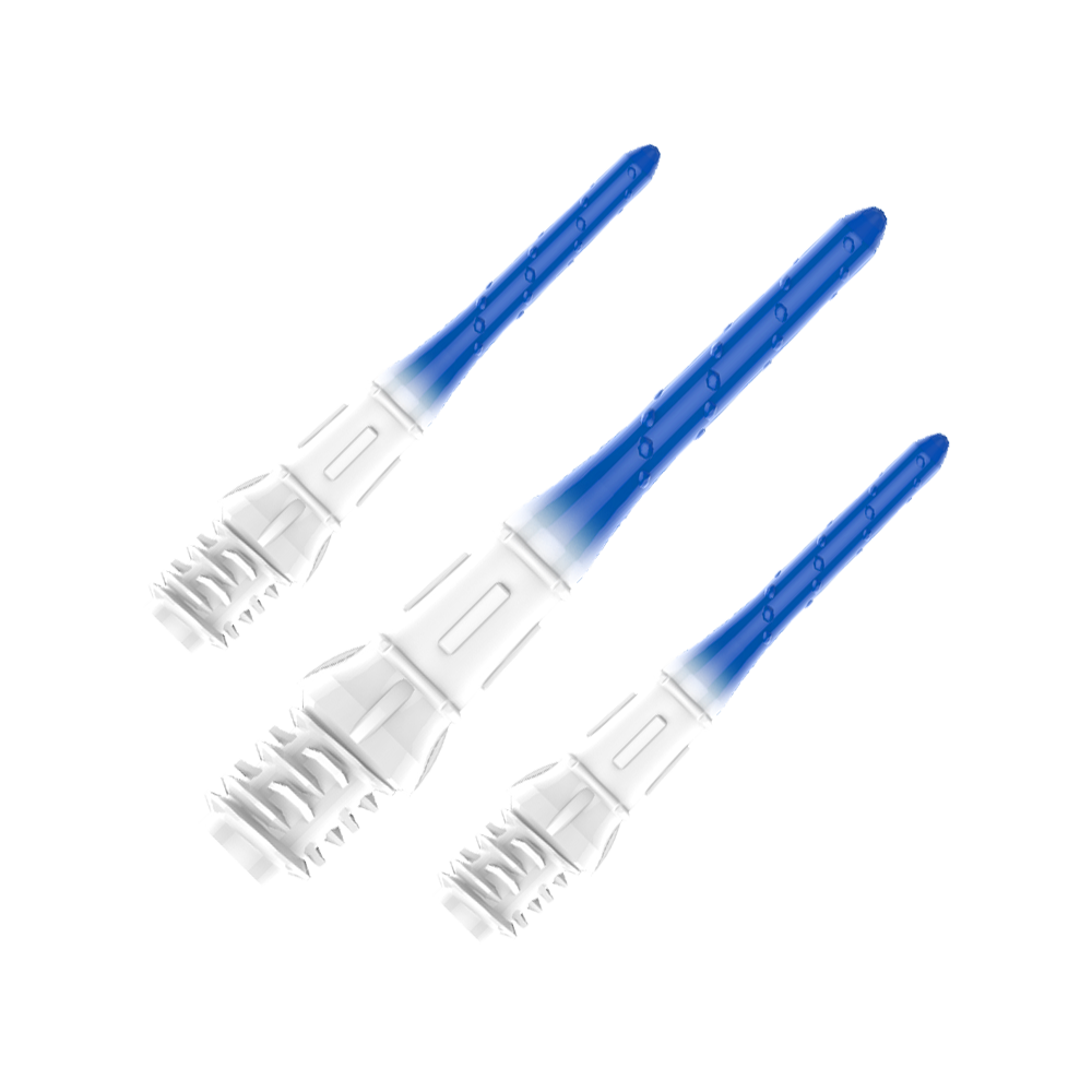 Końcówki do brwi L-Style Premium Lippoint Gradiation Dart Tips (opakowanie 30 sztuk) Das Bild zeigt vier Dartspitzen mit einem Farbverlauf von Weiß zu Blau. Sie sind ordentlich in einer Kunststoffhalterung angeordnet.