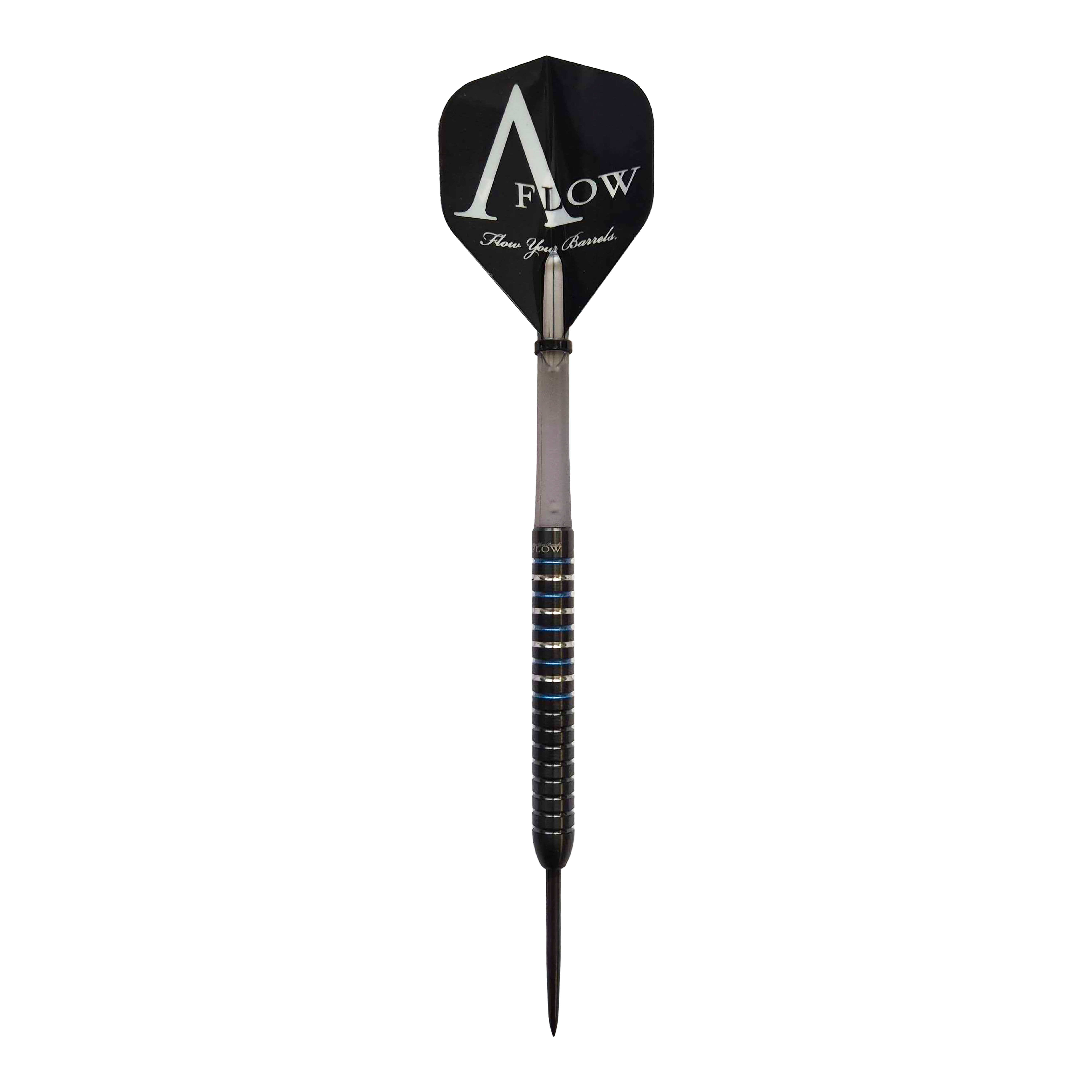 Auf dem Bild ist ein Steeldart der Marke "Dynasty Fallon Sherrock 4 S AFlow BK" zu sehen. Der Dart hat ein schwarzes Flight mit der Aufschrift "AFlow" und wiegt 23 Gramm.
