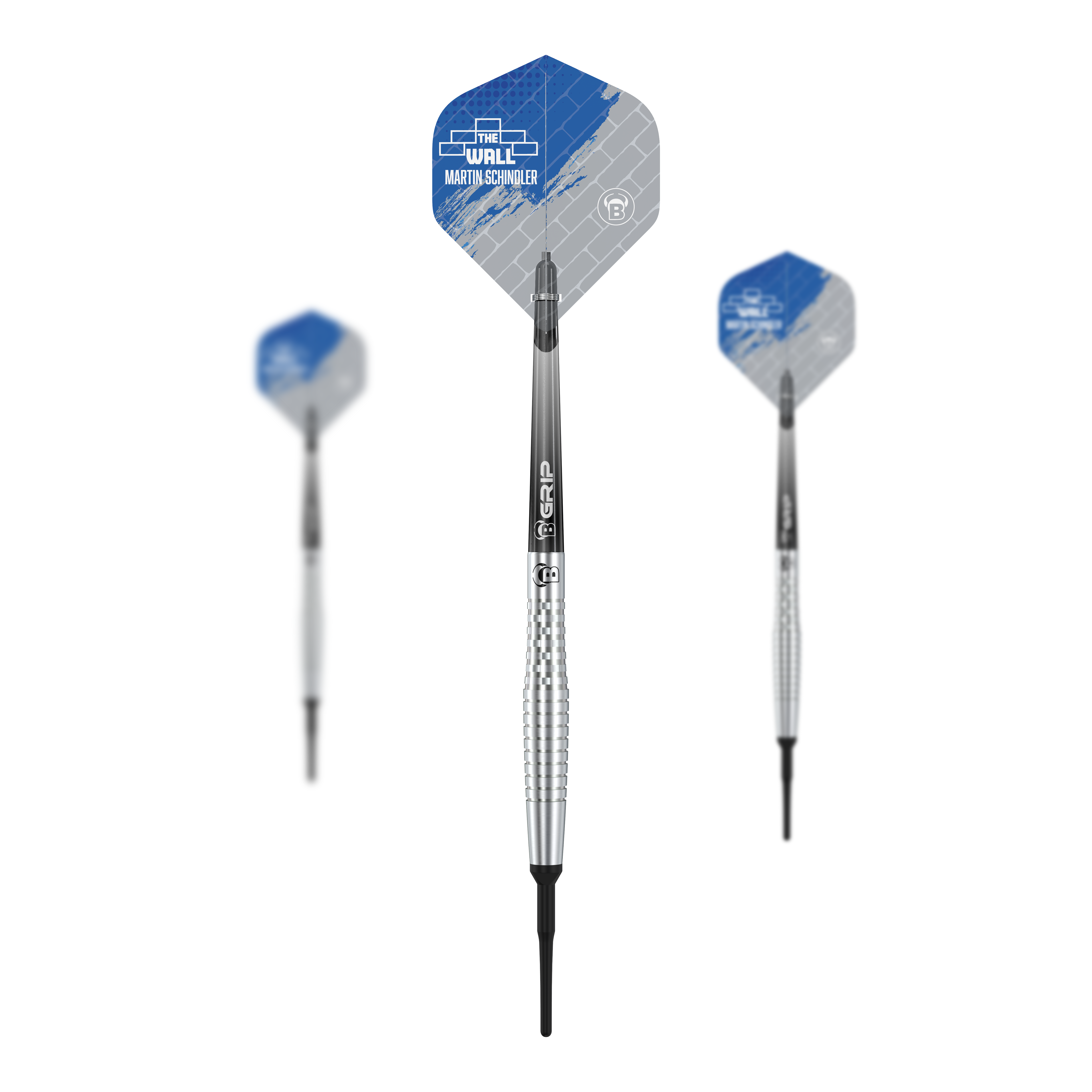 Das Bild zeigt drei Softdarts aus der Serie "Bulls Martin Schindler Original Generation 2". Die Darts haben silberne, gerillte Barrels und Flights mit blau-grauem Design.