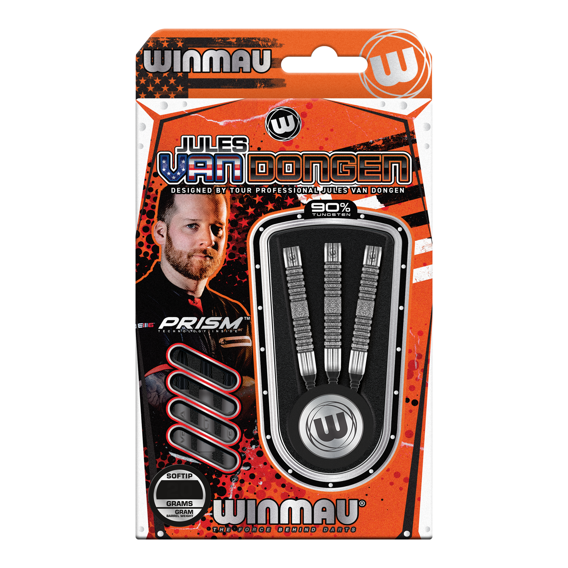 Miękkie rzutki Winmau Jules Van Dongen - 20g Das Bild zeigt eine Verpackung der "Winmau Jules Van Dongen Softdarts - 20g". In der Packung befinden sich drei Softdarts mit 90% Tungsten.