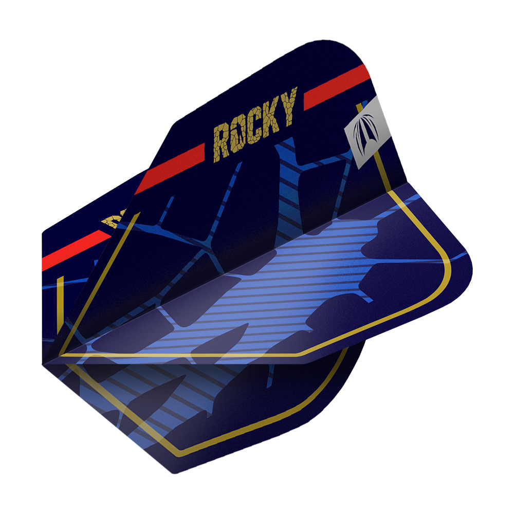 Target Pro Ultra Josh Rock GEN1 No6 Lotki - 3 zestawy Das Bild zeigt das Produkt "Target Pro Ultra Josh Rock GEN1 No6 Flights - 3 Sets". Die Dartflights sind dunkelblau mit goldener Umrandung, rotem Streifen und der Aufschrift "ROCKY".