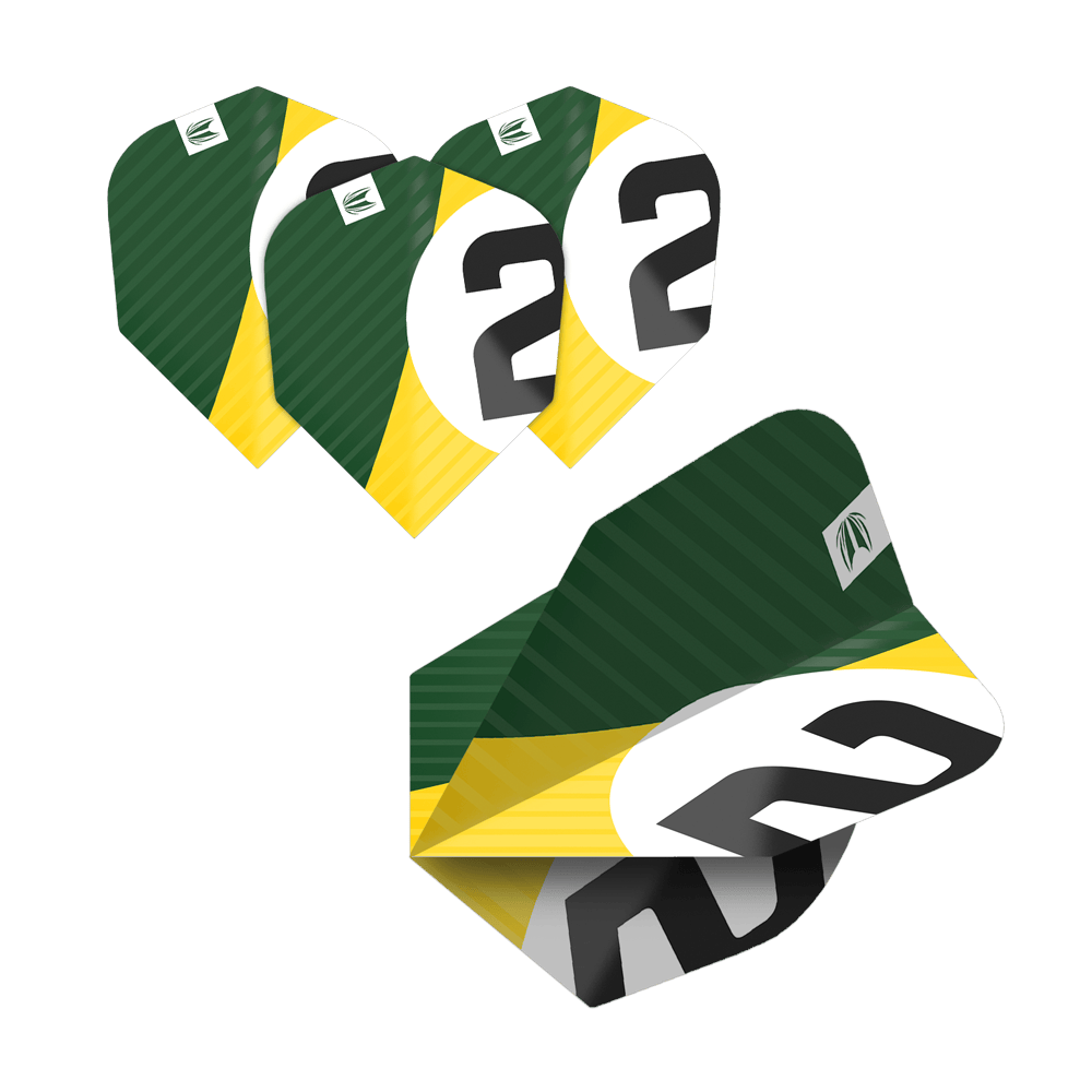 337205_Target_ProUltra_5Sets_Multipack_Chicane_No6_Flights_2WNuoGECLQa8FB Das Bild zeigt fünf Sätze von Dart-Flights mit grün-gelbem Design und einer großen schwarzen Zahl 2 auf weißem Hintergrund. Die Flights gehören zum Produkt "Target Pro Ultra Chicane Multipack No6 Flights - 5 Sets".
