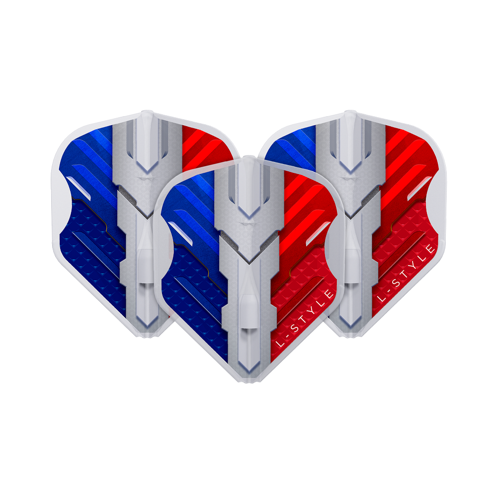 L-Style V-Series V1 Typ B Francja Przezroczysta biel L1EZ Loty Das Bild zeigt drei Dartflights in den Farben Blau, Weiß und Rot, die die französische Flagge darstellen. Auf den Flights steht der Markenname "L-Style" und sie haben ein modernes, technisches Design.