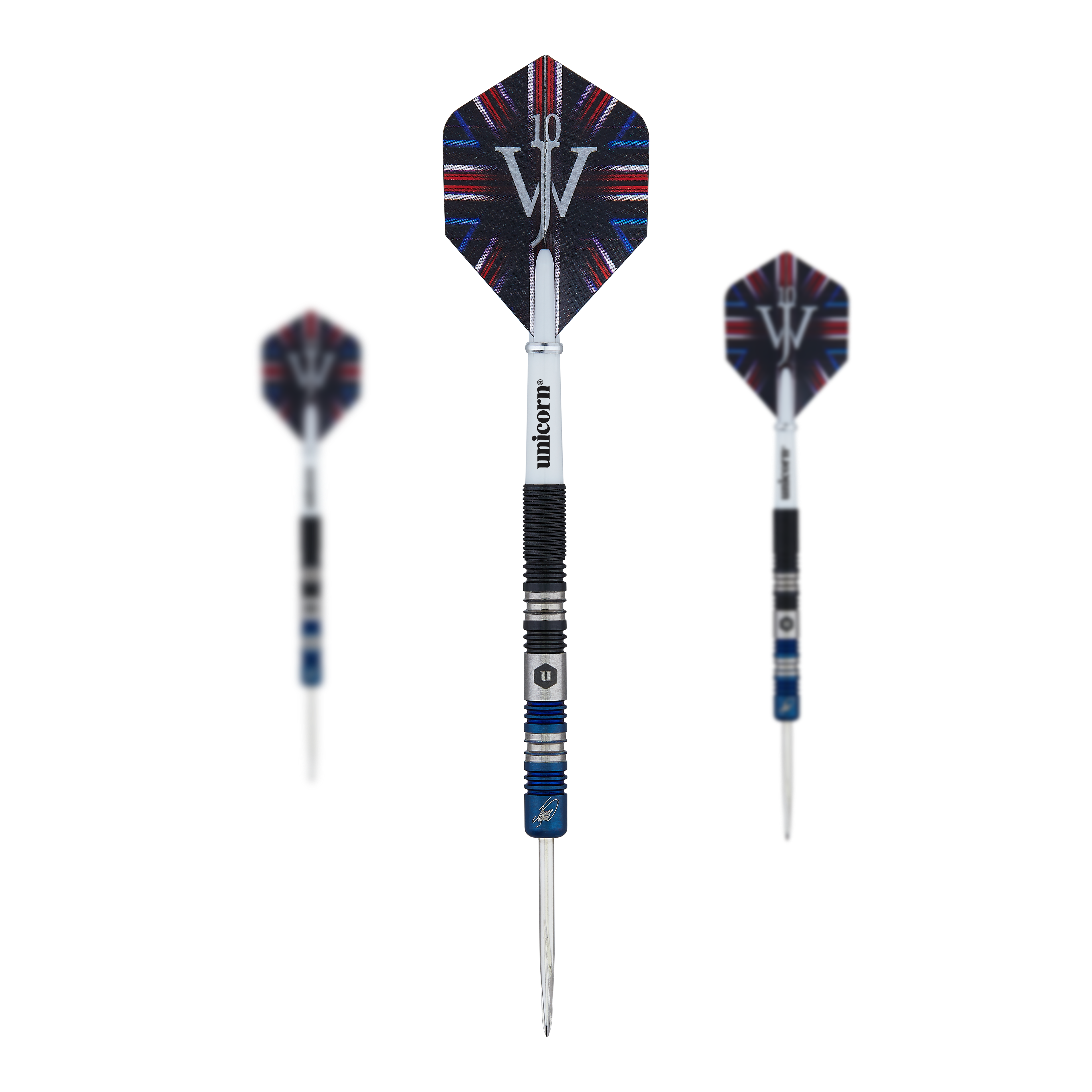 Unicorn The Machine James Wade Dwukolorowe stalowe lotki Das Bild zeigt drei Steeldarts des Modells "Unicorn The Machine James Wade Two-Tone". Die Darts haben schwarze und blaue Details und tragen das Logo sowie den Namen des Herstellers auf dem Schaft.