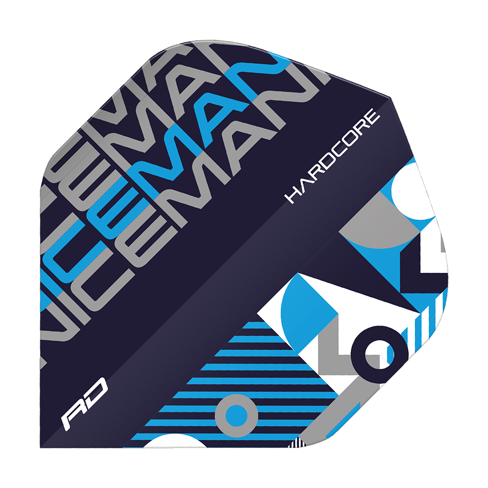 Das Bild zeigt ein Dart-Flight mit dem Namen "Red Dragon Hardcore Iceman Black Blue Standard Flights". Das Design besteht aus schwarzer, blauer und grauer Farbe mit geometrischen Mustern und dem Schriftzug "HARDCORE".