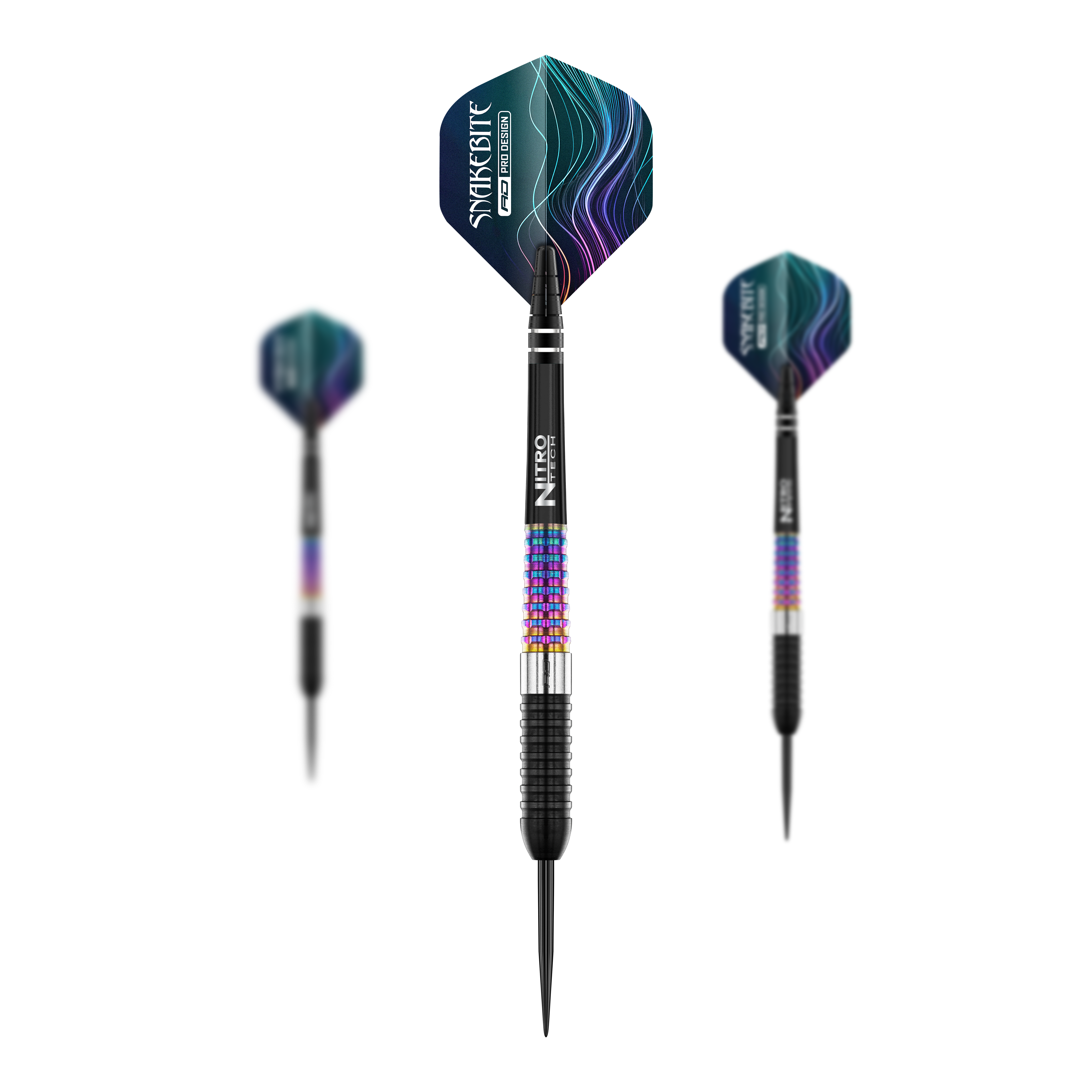 Stalowe lotki Red Dragon Peter Wright Corra Das Bild zeigt drei Steeldarts des Modells "Red Dragon Peter Wright Corra". Die Darts haben bunte Griffe und schwarze Spitzen, mit auffälligen Flights im Snakebite-Design.