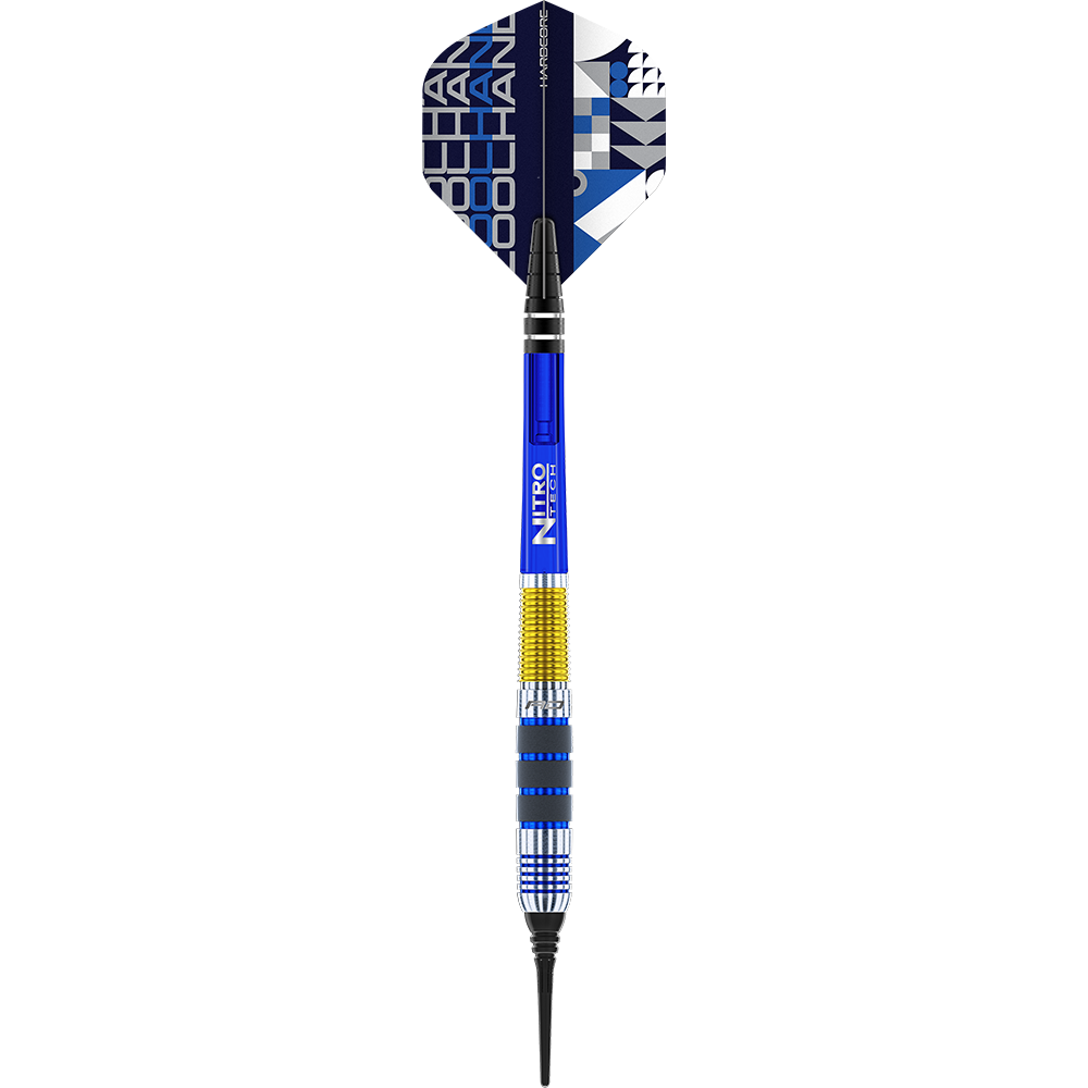 RD2402_Red_Dragon_Luke_Humphries_2021_Softdarts_1a8DkV1LeDUnrG Auf dem Bild ist ein Softdartpfeil des Modells "Red Dragon Luke Humphries" mit einem Gewicht von 20g zu sehen. Der Dart hat auffällige blaue, gelbe und silberne Farbakzente sowie ein modernes Flight-Design.