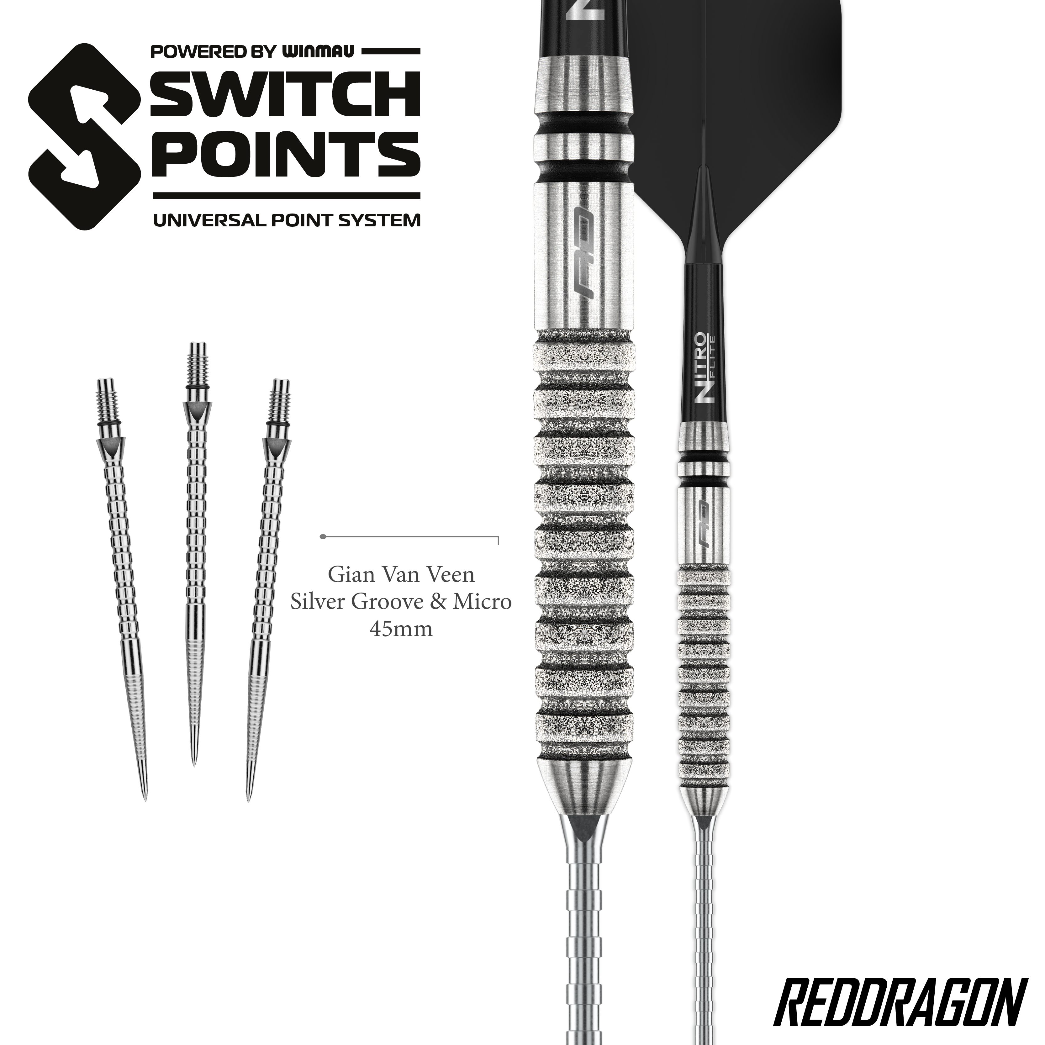Red Dragon Gian Van Veen Tour Edition Switch Point Steeldarts - 21g Gezeigt werden die Red Dragon Gian Van Veen Tour Edition Switch Point Steeldarts - 21g aus einer anderen Perspektive. Das Design ist sportlich und funktional.