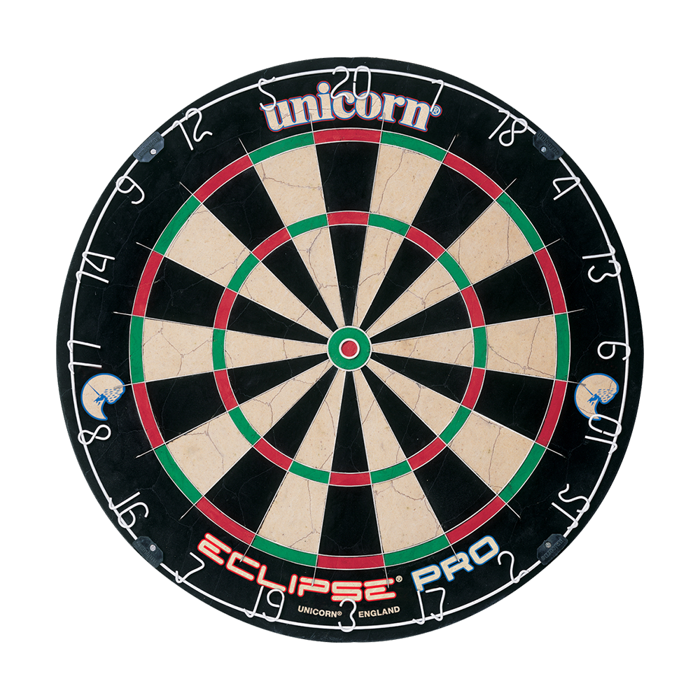 Tarcza do darta Unicorn Eclipse Pro Das Bild zeigt die Unicorn Eclipse Pro Dartscheibe. Sie hat ein klassisches Design mit deutlich sichtbaren Zahlen und farbigen Segmenten.