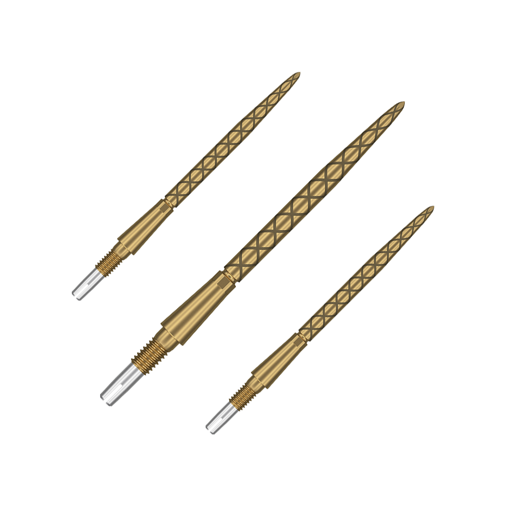 Końcówki do lotek Target Swiss Storm Diamond Point – złote Das Bild zeigt drei goldene Dartspitzen mit einem rautenförmigen Muster. Sie sind länglich und haben eine silberne Spitze zum Werfen.