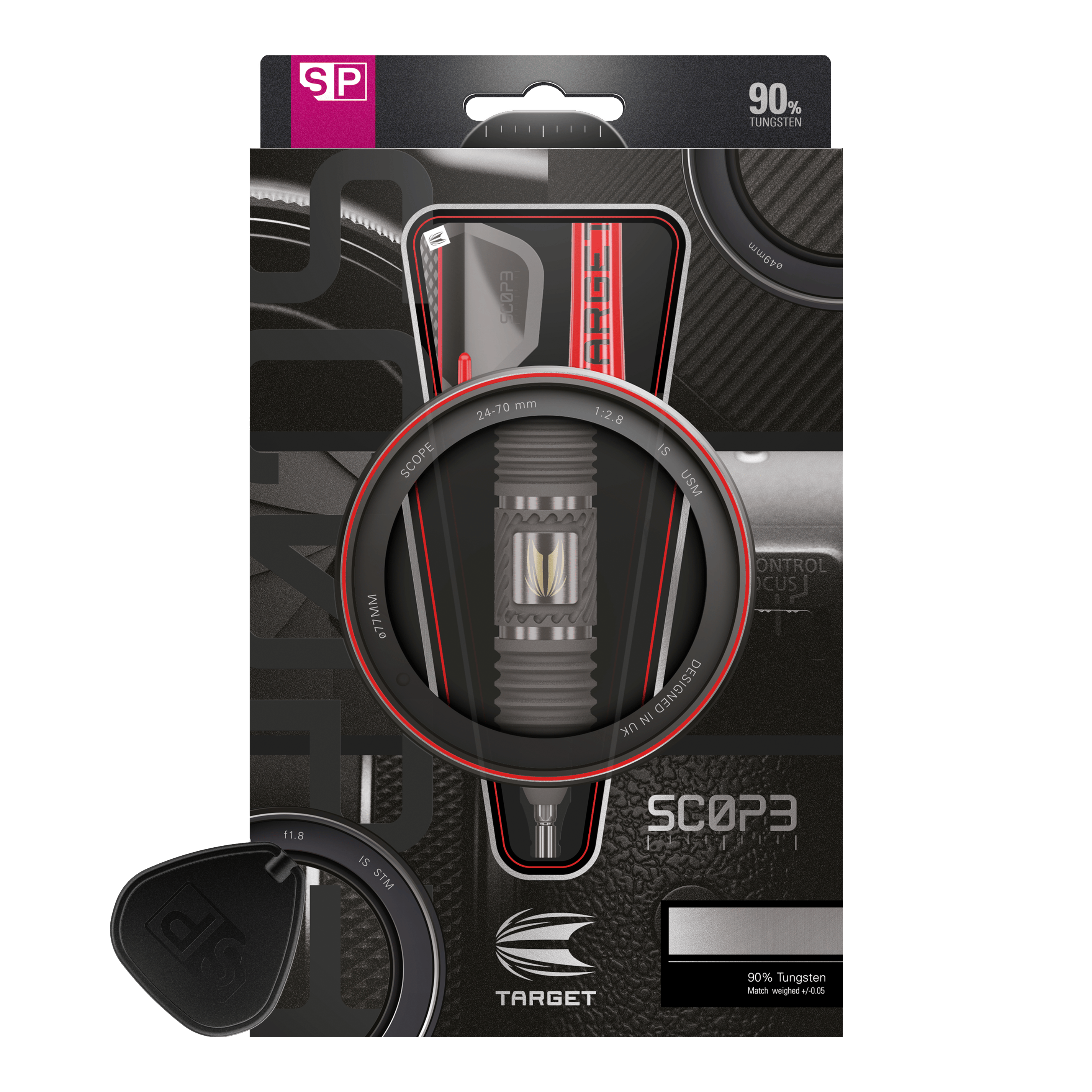 Das Bild zeigt eine Verpackung für Steeldarts der Marke Target. Auf der Verpackung steht, dass die Darts aus 90% Wolfram bestehen.