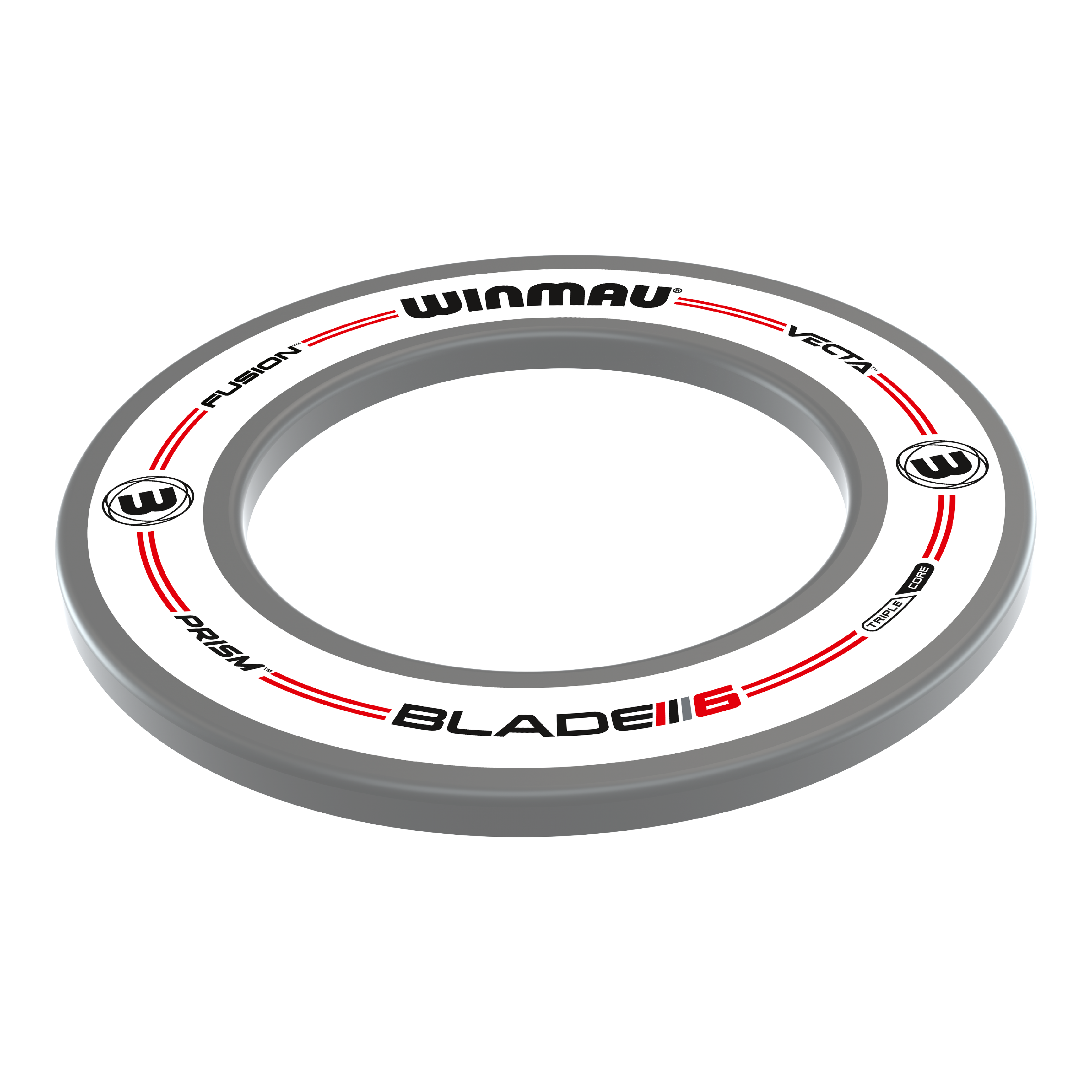 Das Bild zeigt einen weißen Dartboard Surround von Winmau mit der Aufschrift „Pro-Line Original“. Der Ring ist rund, hat rote und schwarze Akzente und dient zum Schutz der Wand um die Dartscheibe.