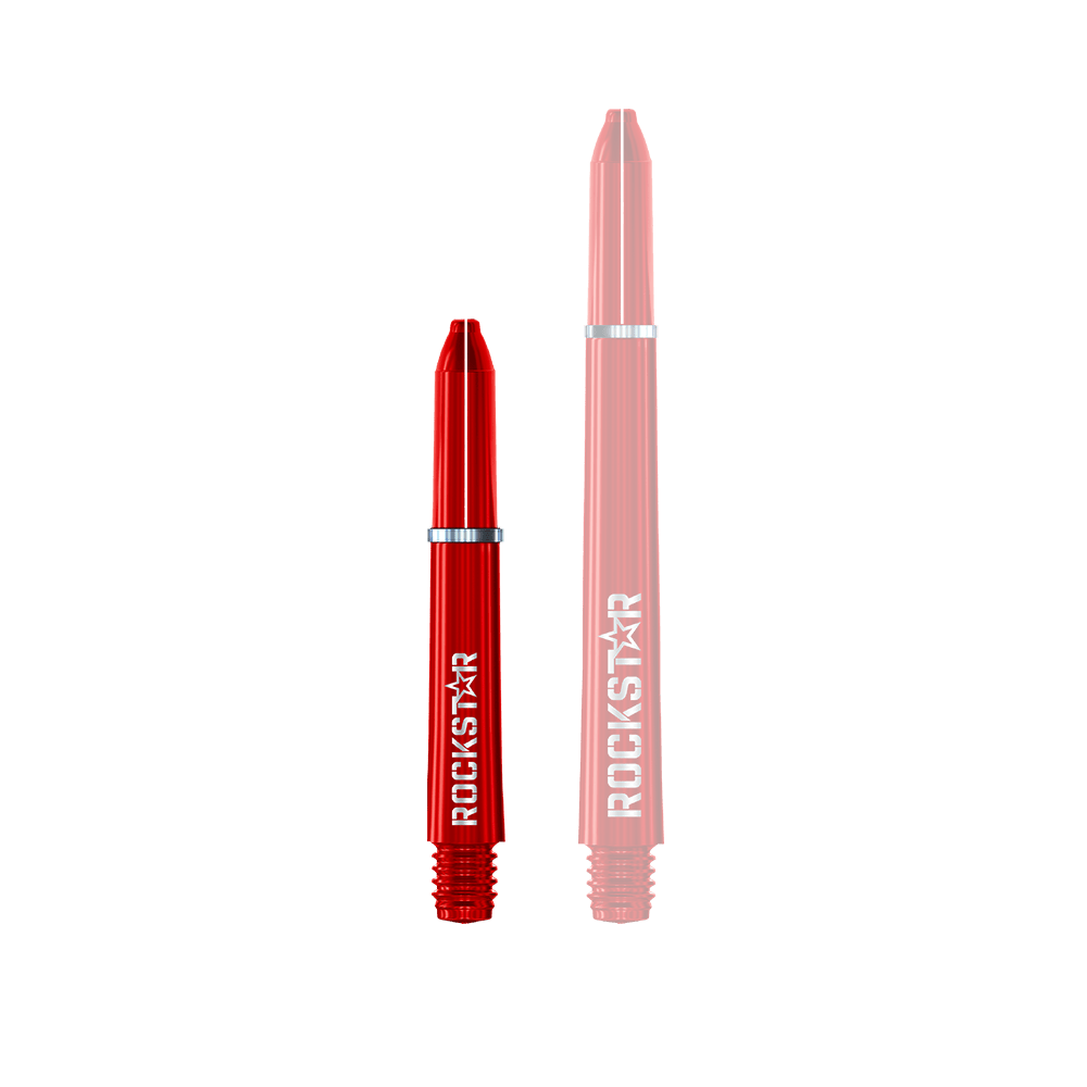 Winmau Joe Cullen Rockstar Nylonowe wałki Das Bild zeigt zwei rote Dartschäfte in unterschiedlichen Längen. Auf beiden Schäften steht das Wort "ROCKSTAR" in weißer Schrift.