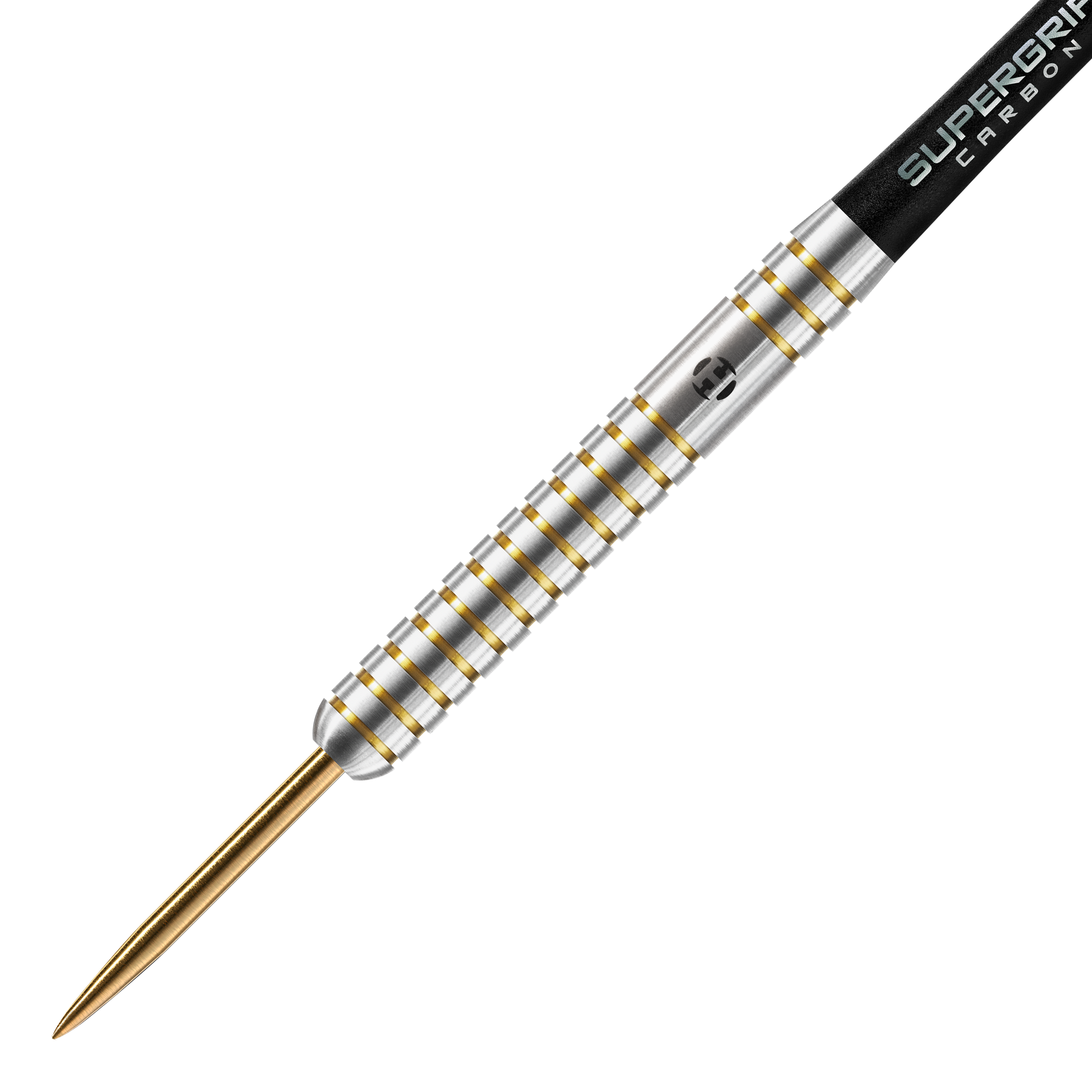 Edycja rocznicowa Harrows Oryginalne Steeldarts Das Bild zeigt einen Harrows Anniversary Edition The Original Steeldart. Der Dartpfeil hat ein silbernes Barrel mit goldenen Rillen und einer goldenen Spitze.