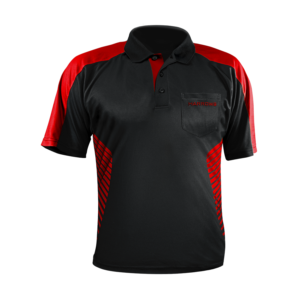 17416-Harrows-Vivid-Dartshirt-Black-Red-1 Das Bild zeigt das Harrows Vivid Dartshirt in Schwarz und Feuerrot. Das Shirt hat rote Akzente an den Schultern und Seiten sowie eine Brusttasche mit dem Harrows-Logo.