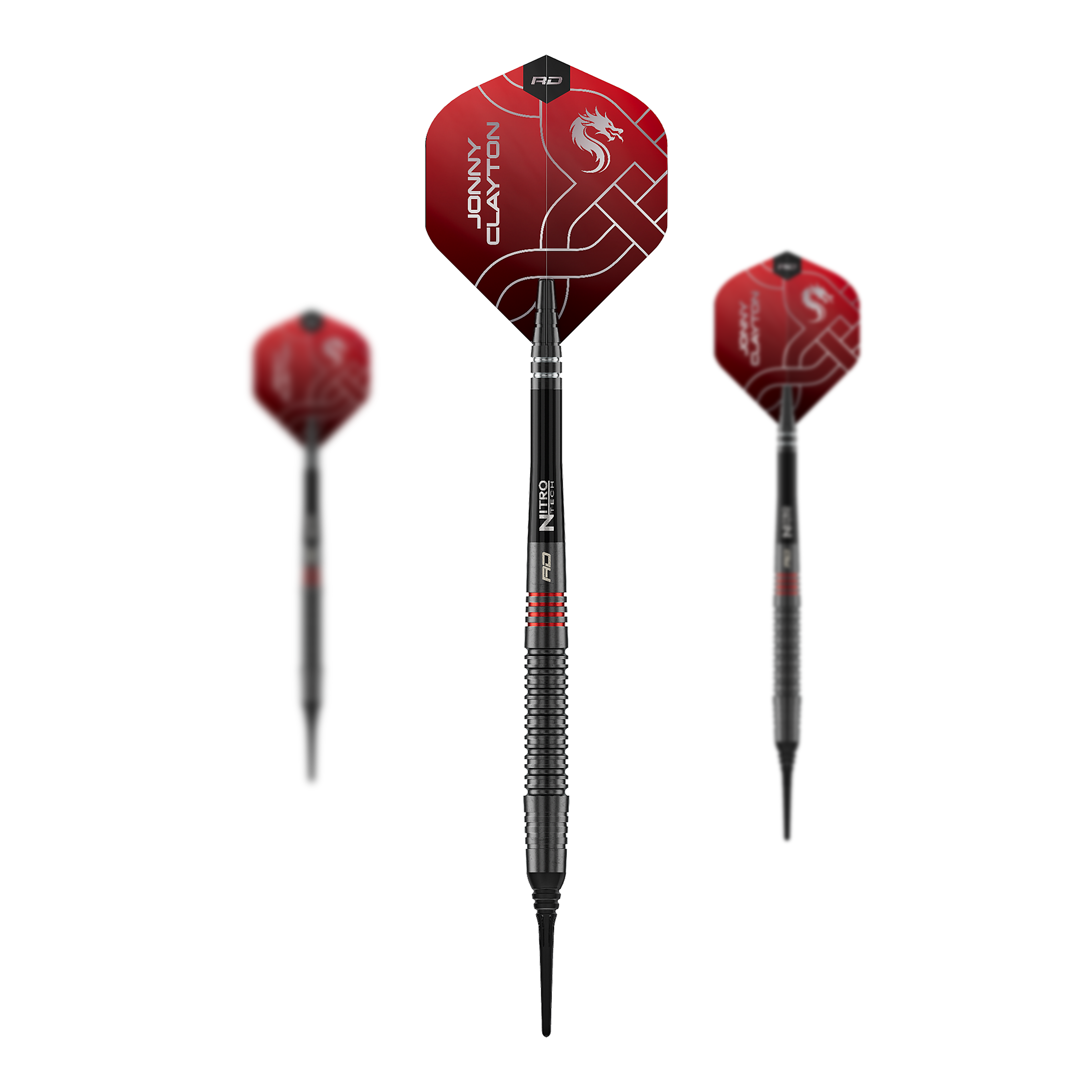 Miękkie lotki Red Dragon Jonny Clayton RD-ADV - 18g Auf dem Foto ist das Set der Red Dragon Jonny Clayton RD-ADV Softdarts - 18g zu sehen. Drei Softdarts liegen nebeneinander als Set.
